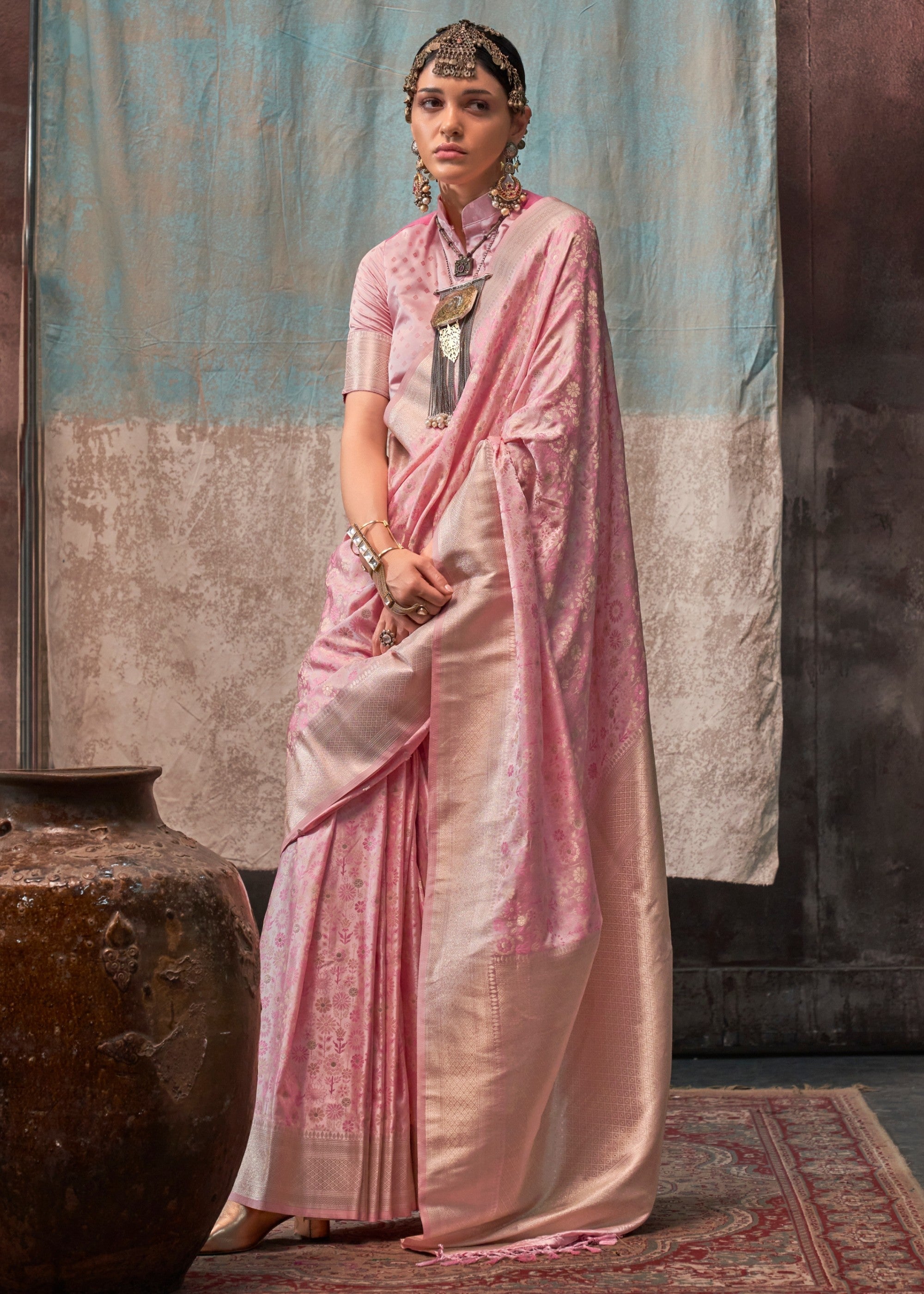 Soft Pink Pure Satin Handloom Weaving Silk Sarees - qivii