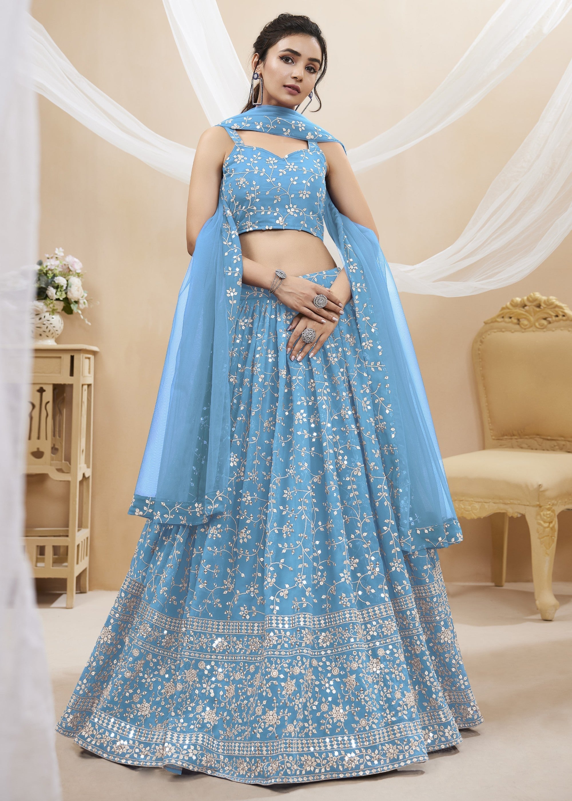 Sky Blue Georgette Lehenga Choli With Sequins Zari Embroidered Work | Ready To Wear - qivii