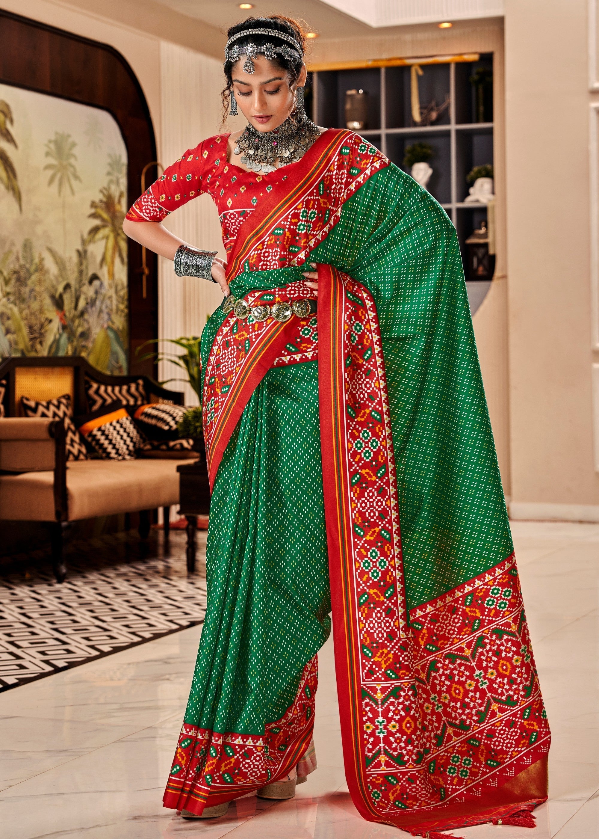 Shamrock Green Tussar Silk Saree With Beautiful Patola Print - qivii