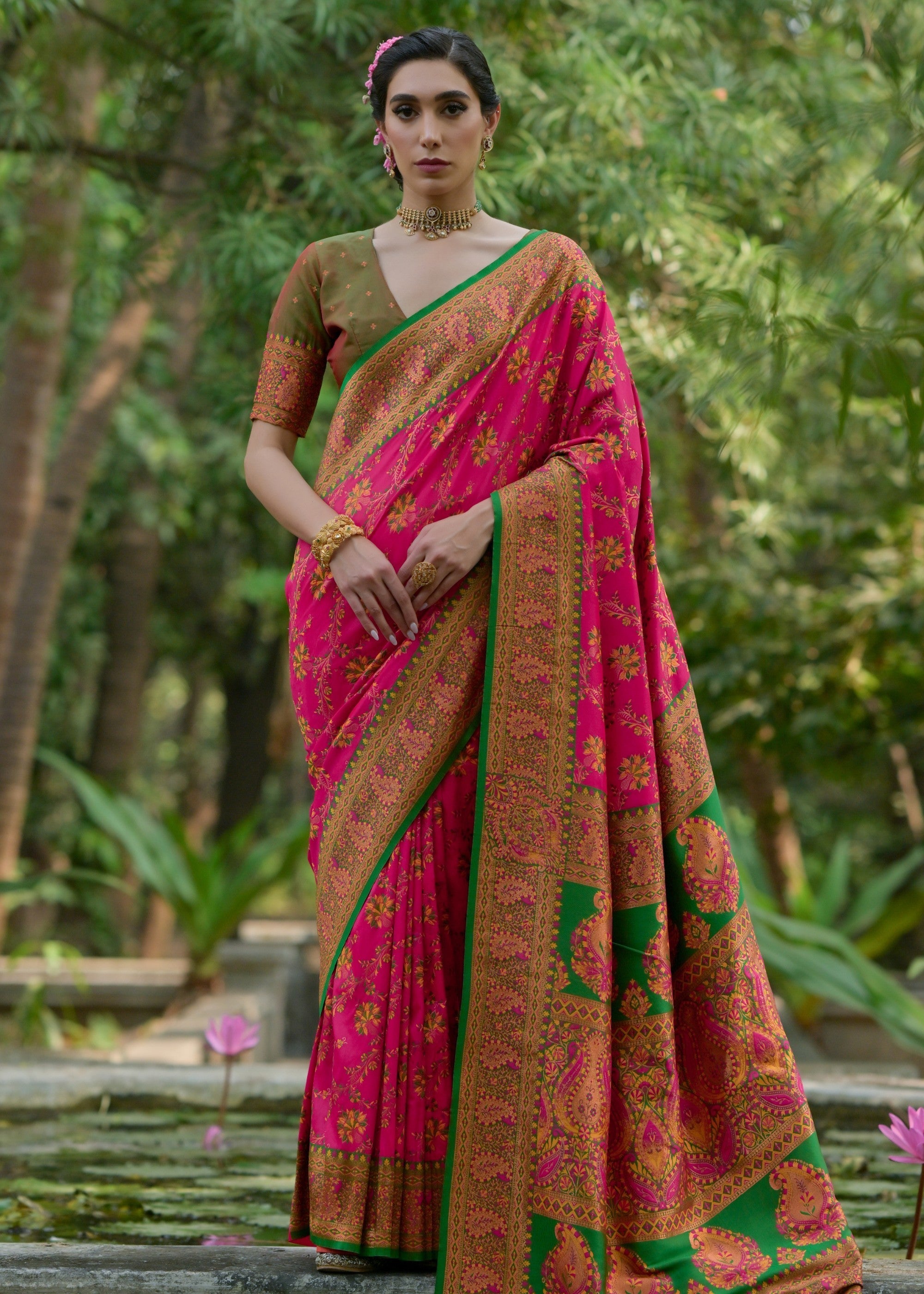 French Pink Thread Woven Pashmina Silk Saree With Heavy Thread Woven Pallu - qivii