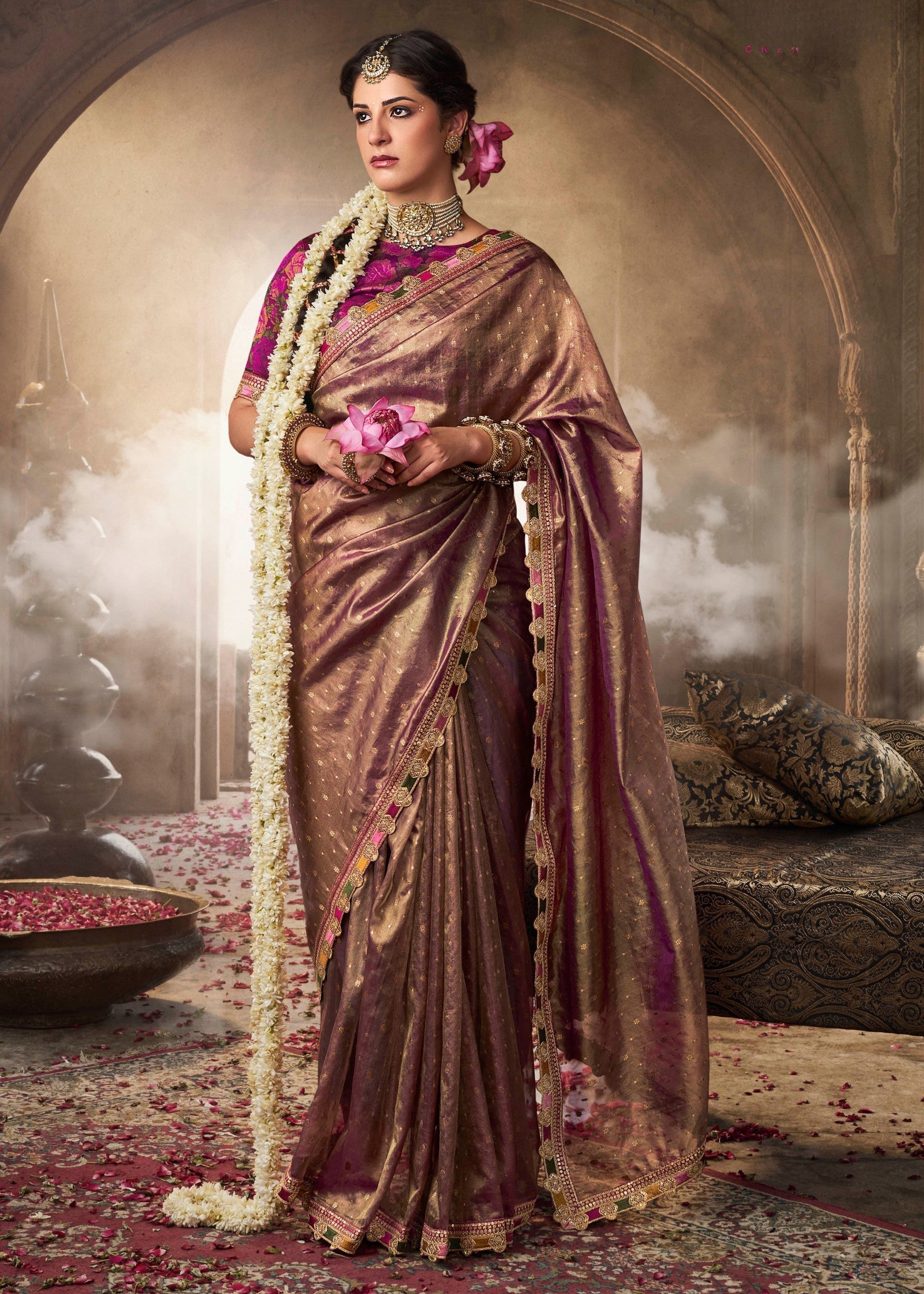 Purpleish Tissue Silk Saree With Multicolored Lace & Designer Blouse - qivii