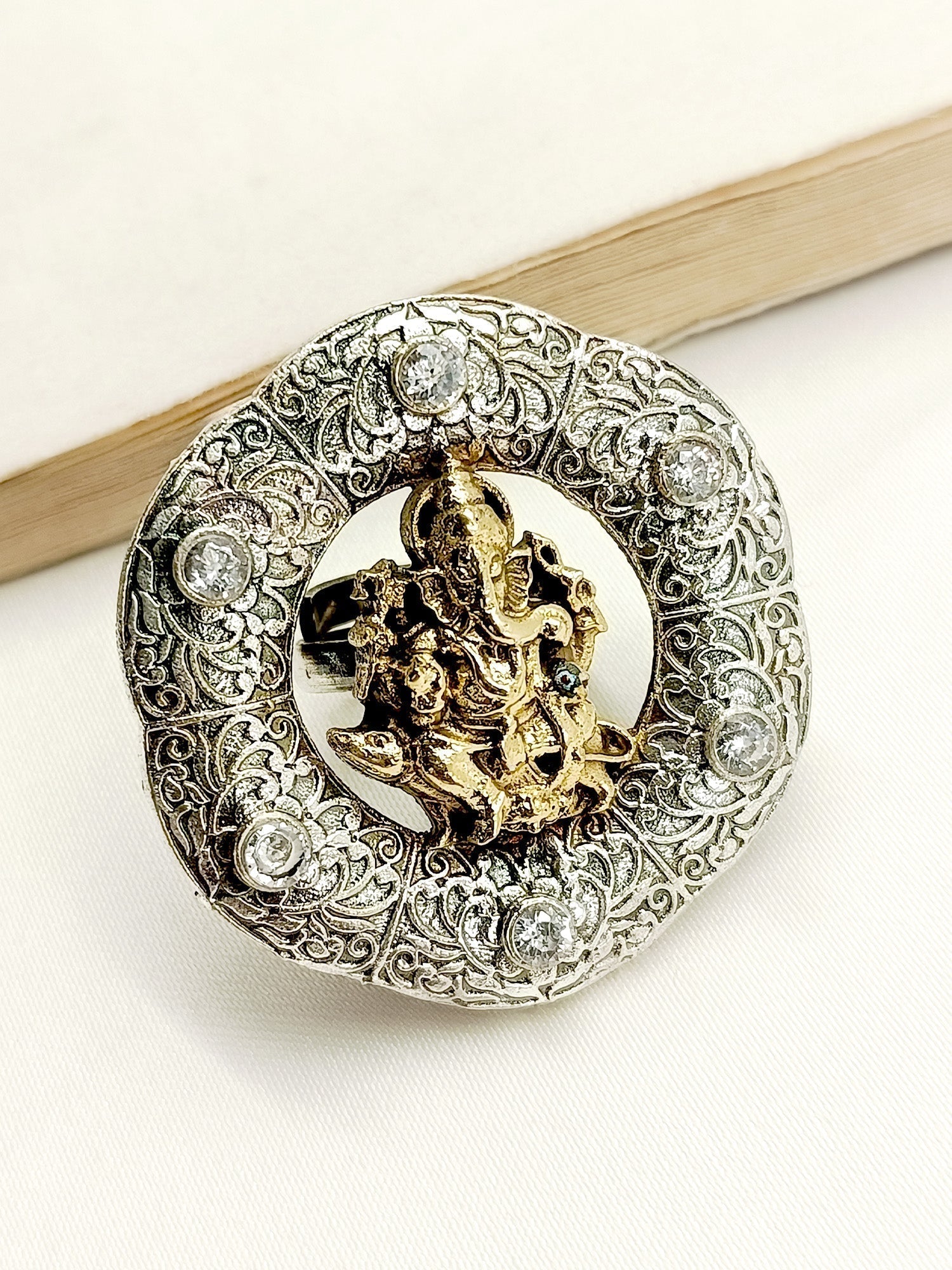 Ridhanshi White Ganesh Ji Oxidized Finger Ring - qivii