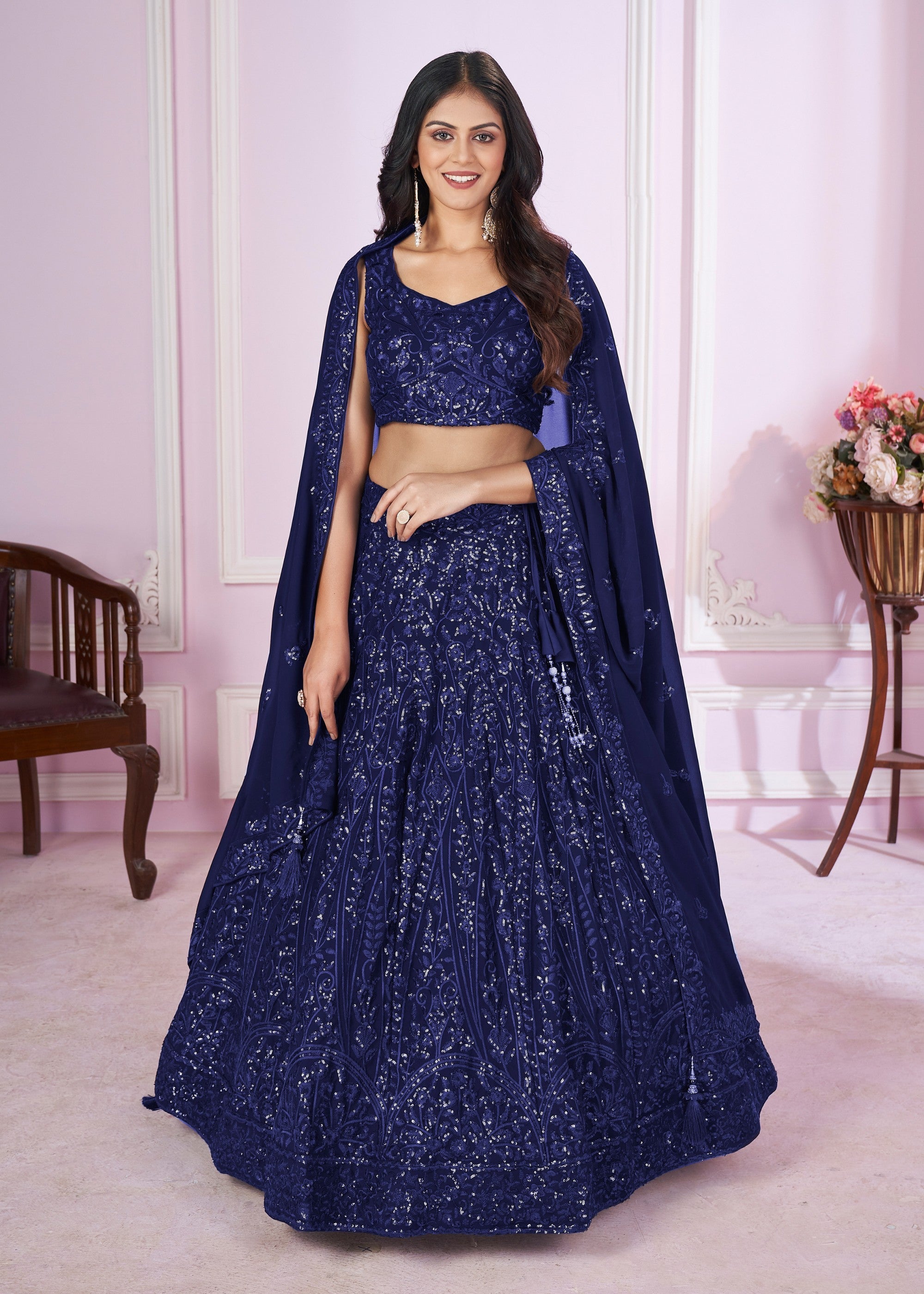 Dark Blue Georgette Lehenga Choli With Sequins And Thread Embroidery Work | Ready To Wear - qivii