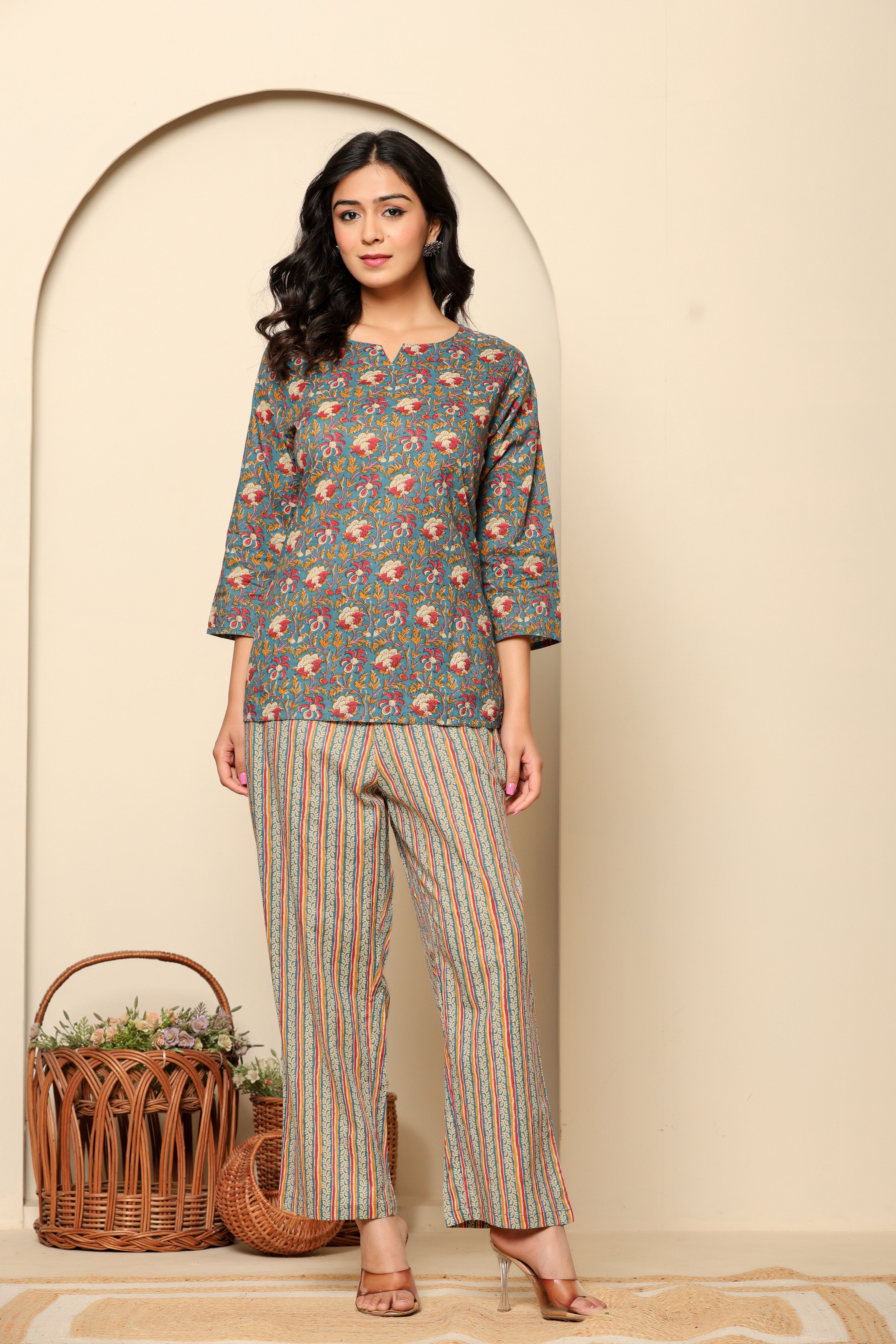 Green Printed Cotton Coord Set - qivii