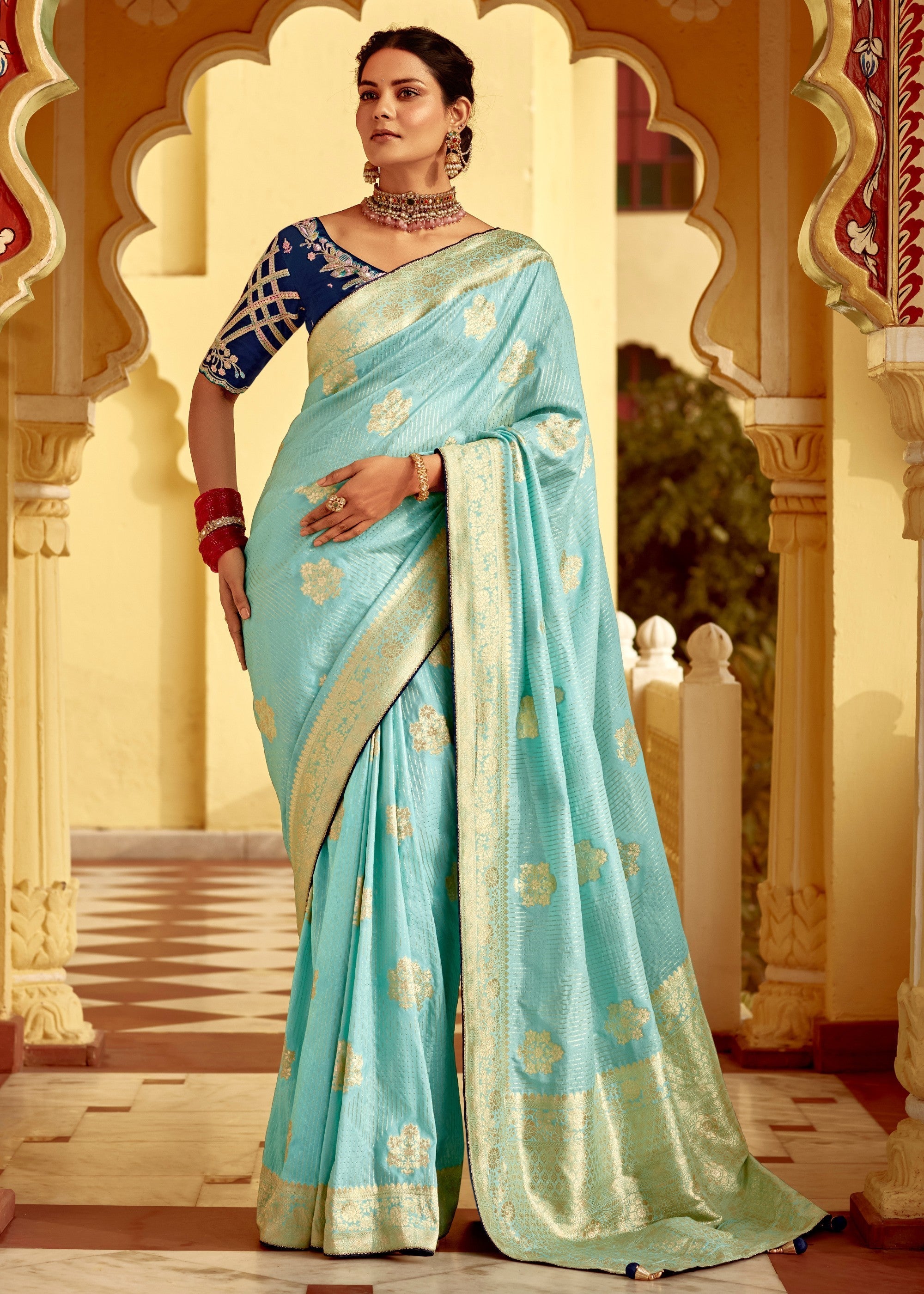 Sky Blue Dola Silk Saree Embellished With Weaving Work And Heavy Embroidered Blouse - qivii