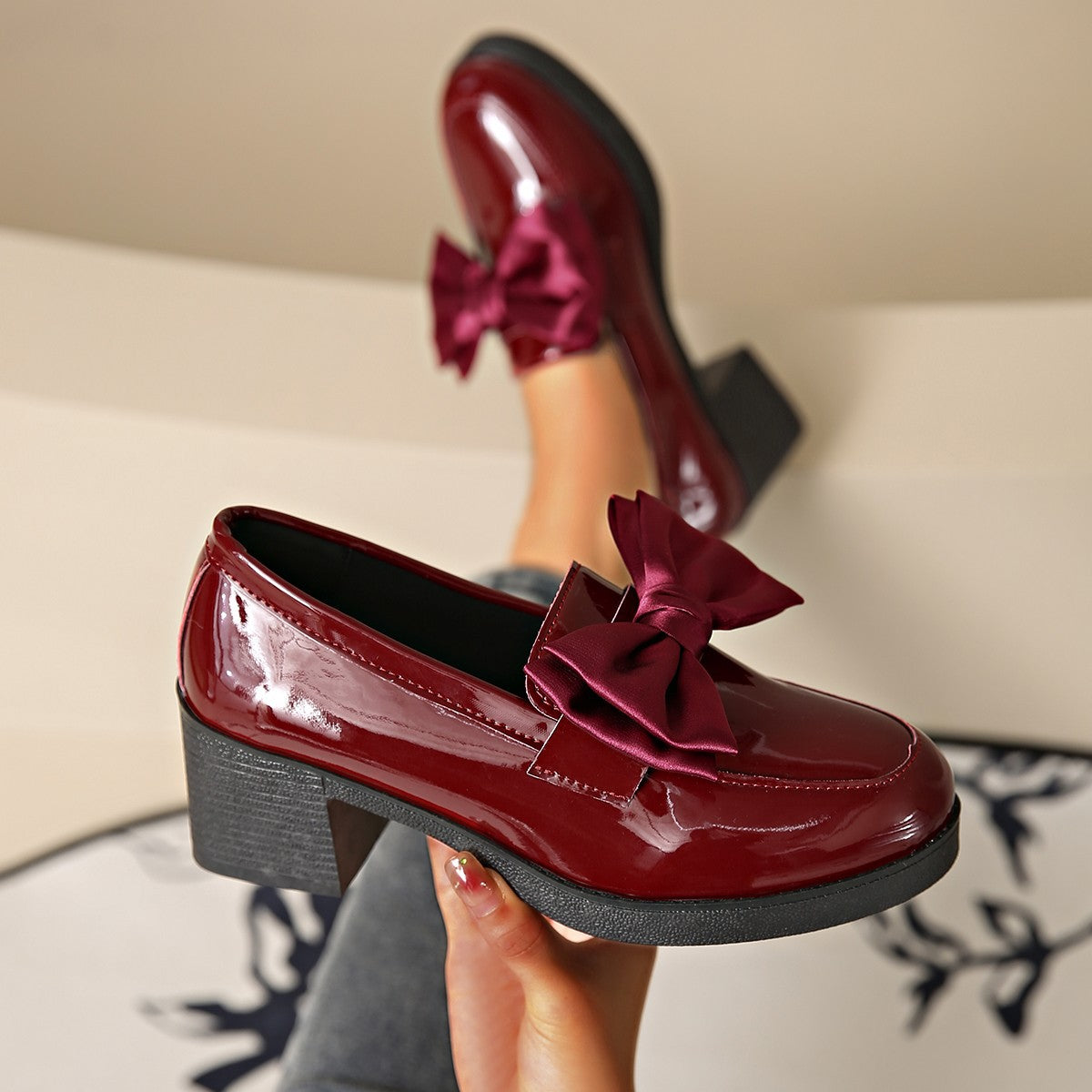 Women's Plus Size Bowknot Leather Shoes with Chunky Heel Platform