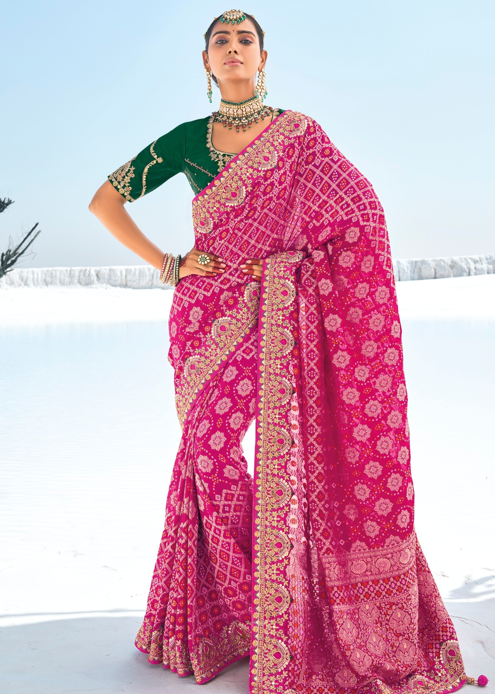 Hot Pink Pure Georgette Bandhani Patola With Zari Weaving Heavy Work Saree - qivii