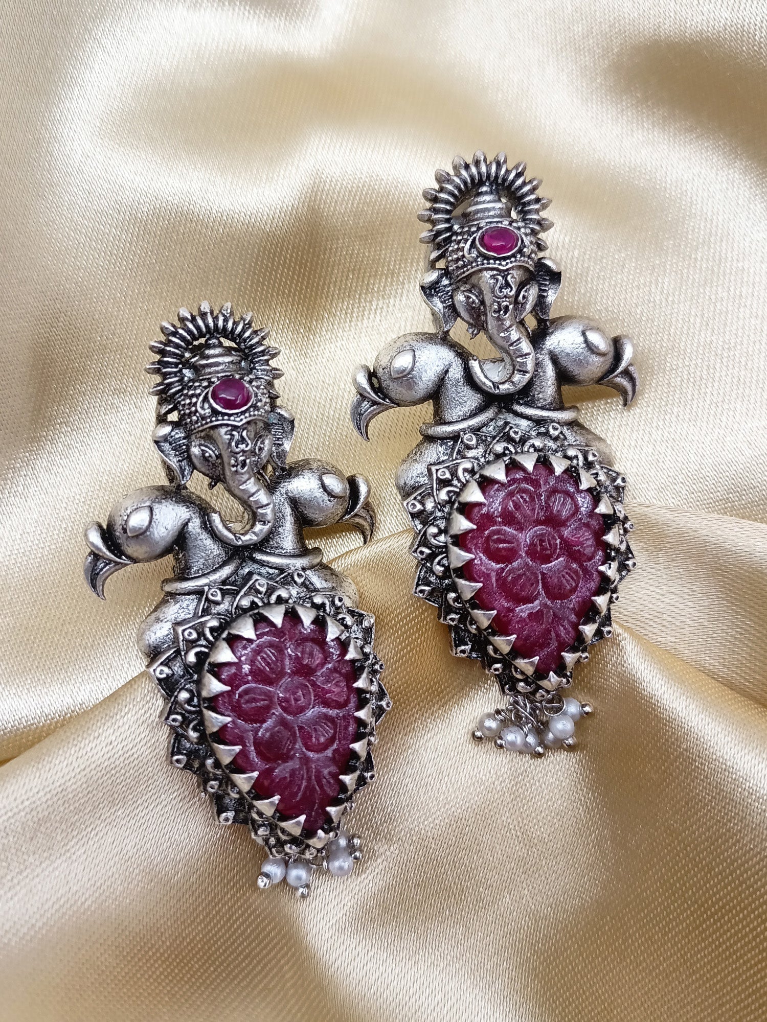 Jessie Ganesha Earrings With Maroon Carved Stone - qivii