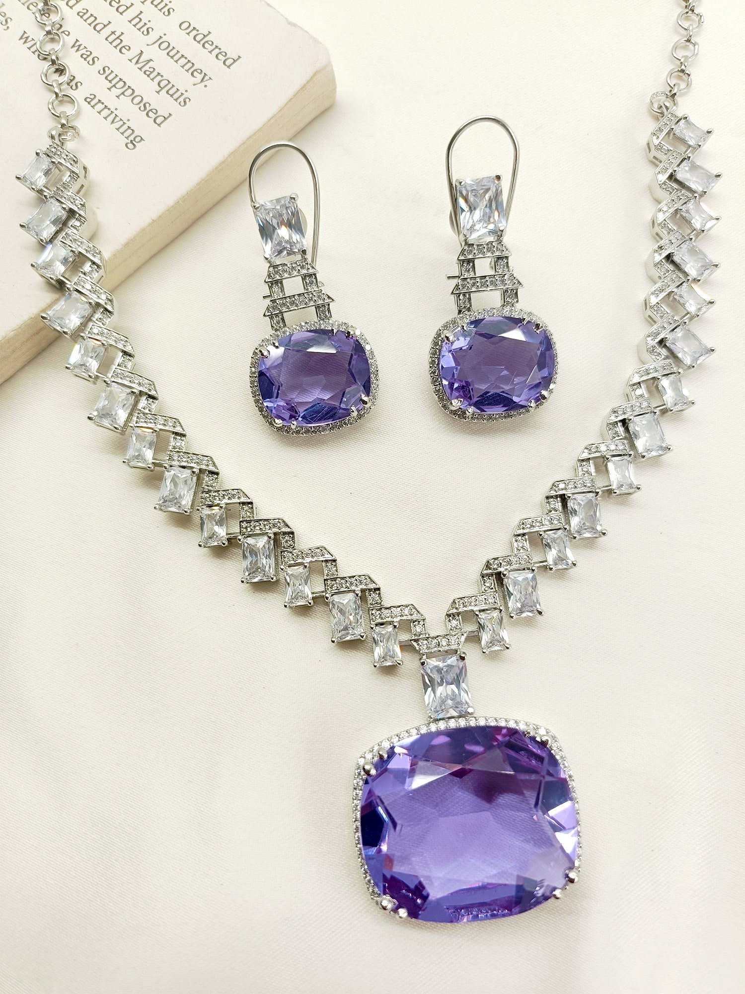 Zora Lavender American Diamond Necklace Set - qivii