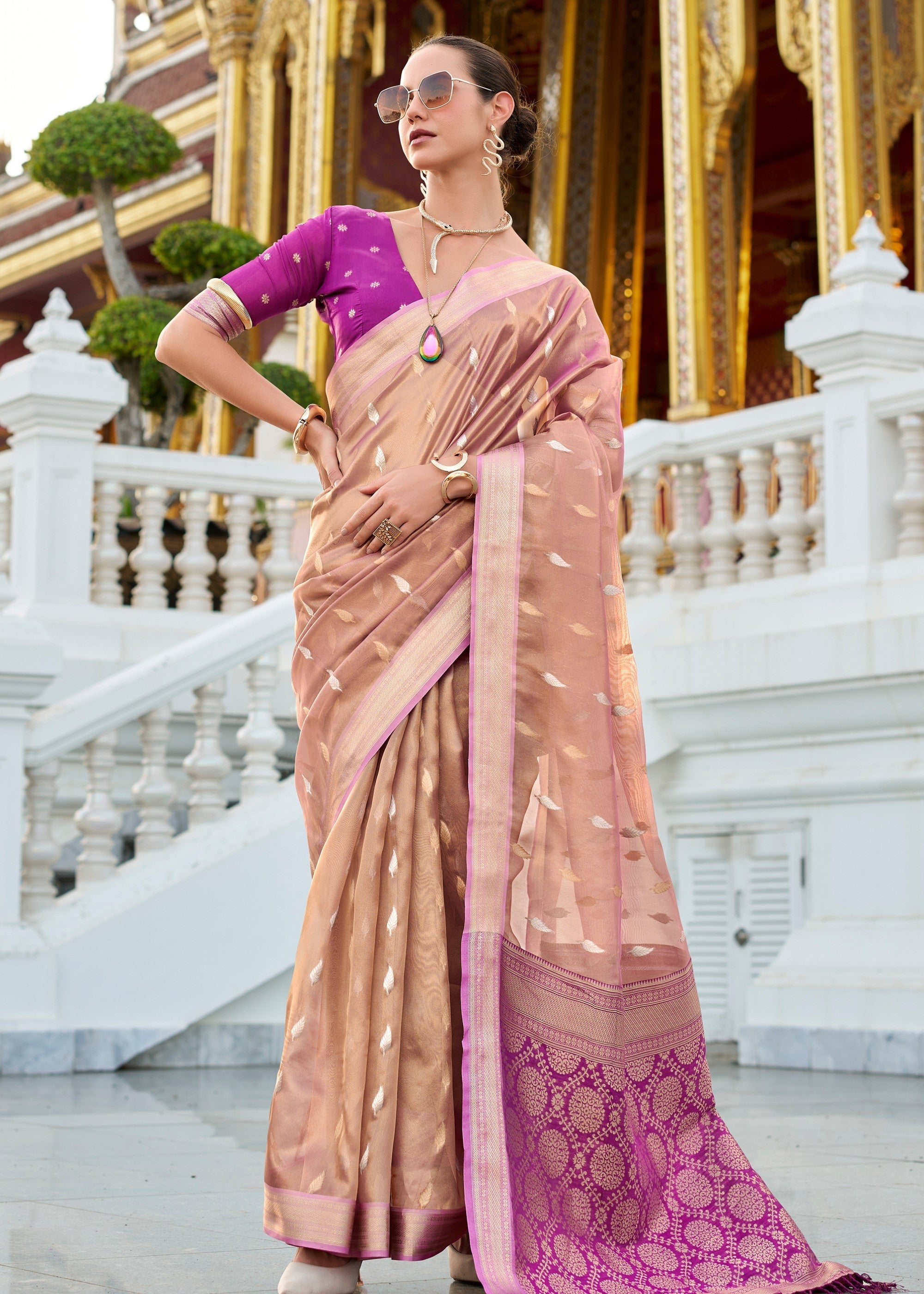 Shades of Pink Tissue Silk Saree With Zari Weaving And Contrast Blouse - qivii