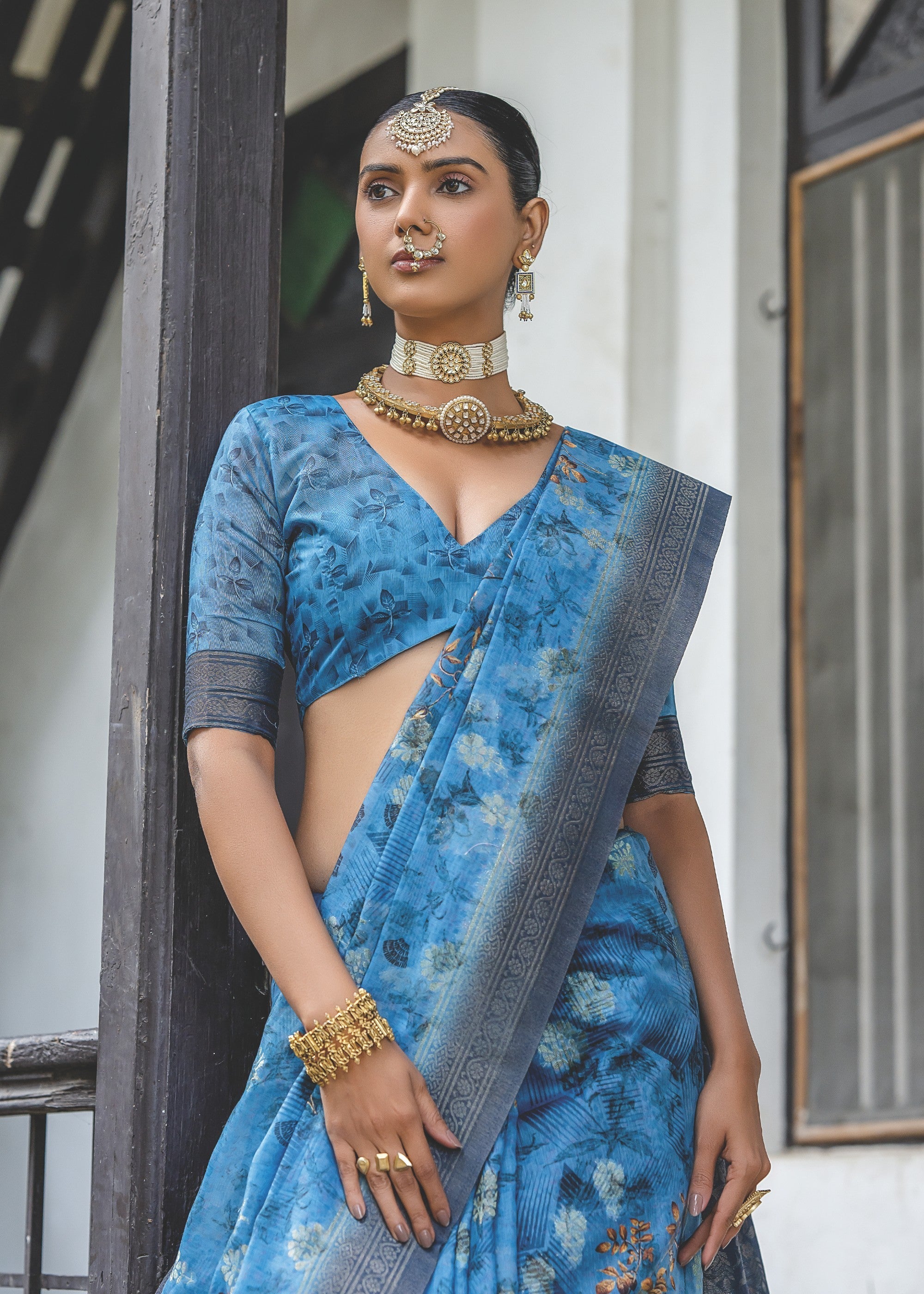Azure Blue Woven Silk Saree - qivii