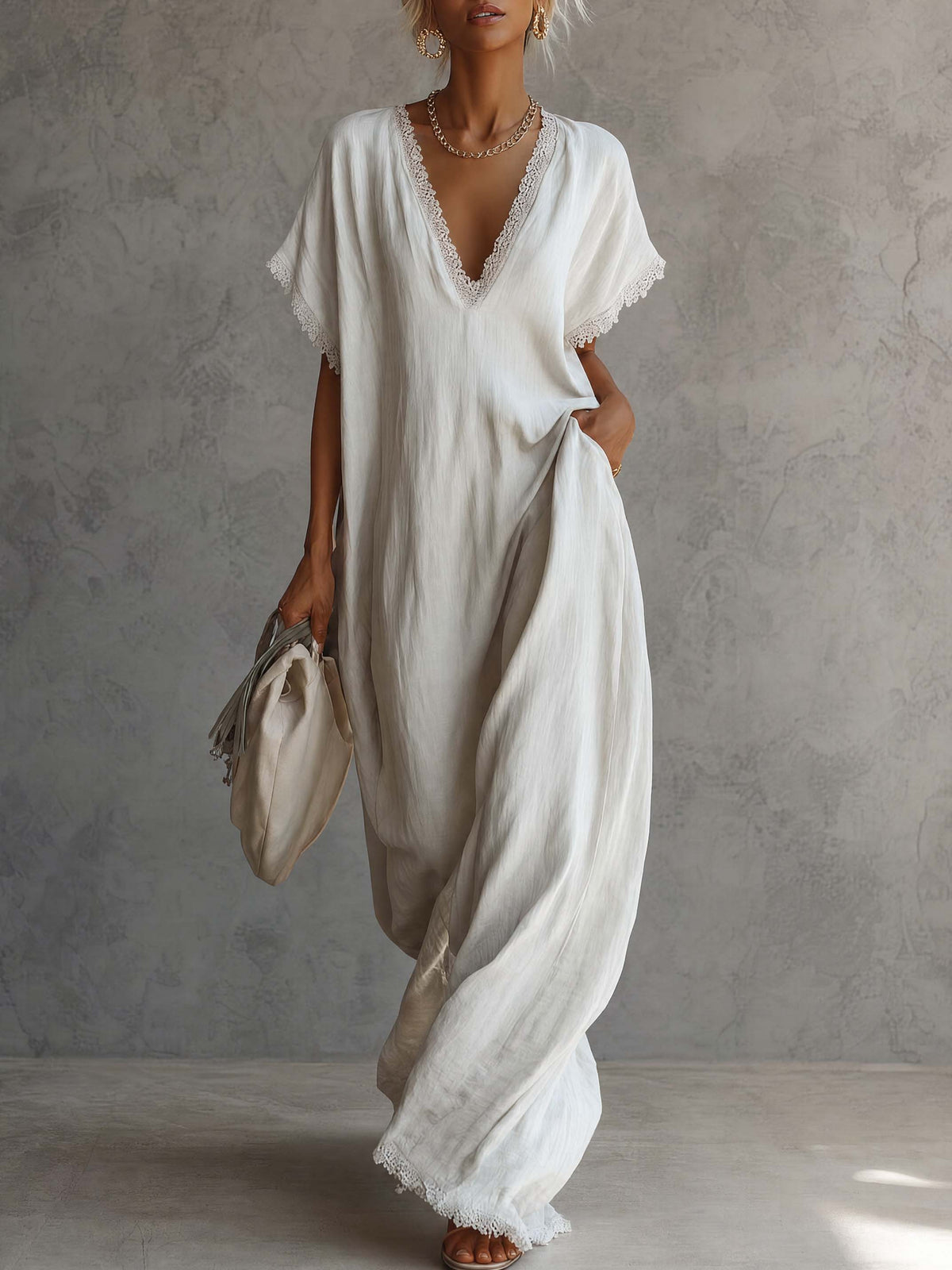 Casual Bohemian Urban V-neck Short-sleeved Lace Trim White Cotton Maxi Dress - By Qivii