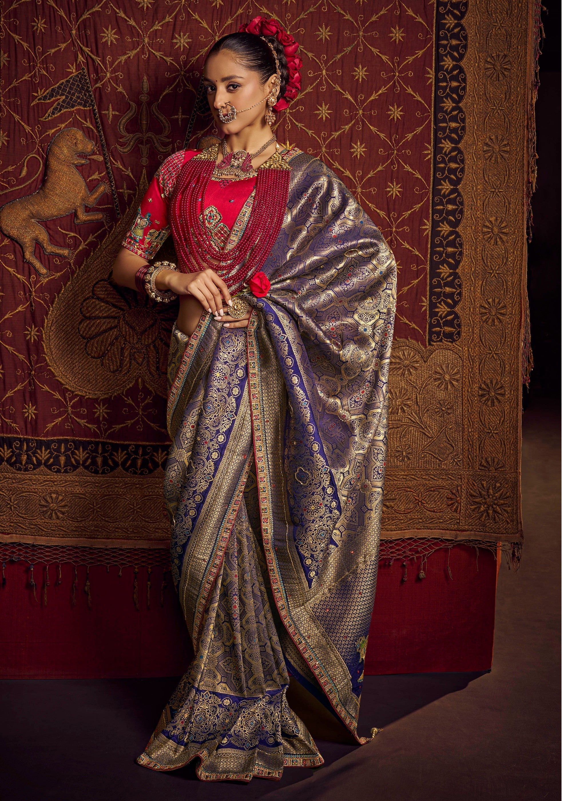 Royal Blue Pure Viscose Dola Silk Saree With Handwork On Blouse And Pallu - qivii