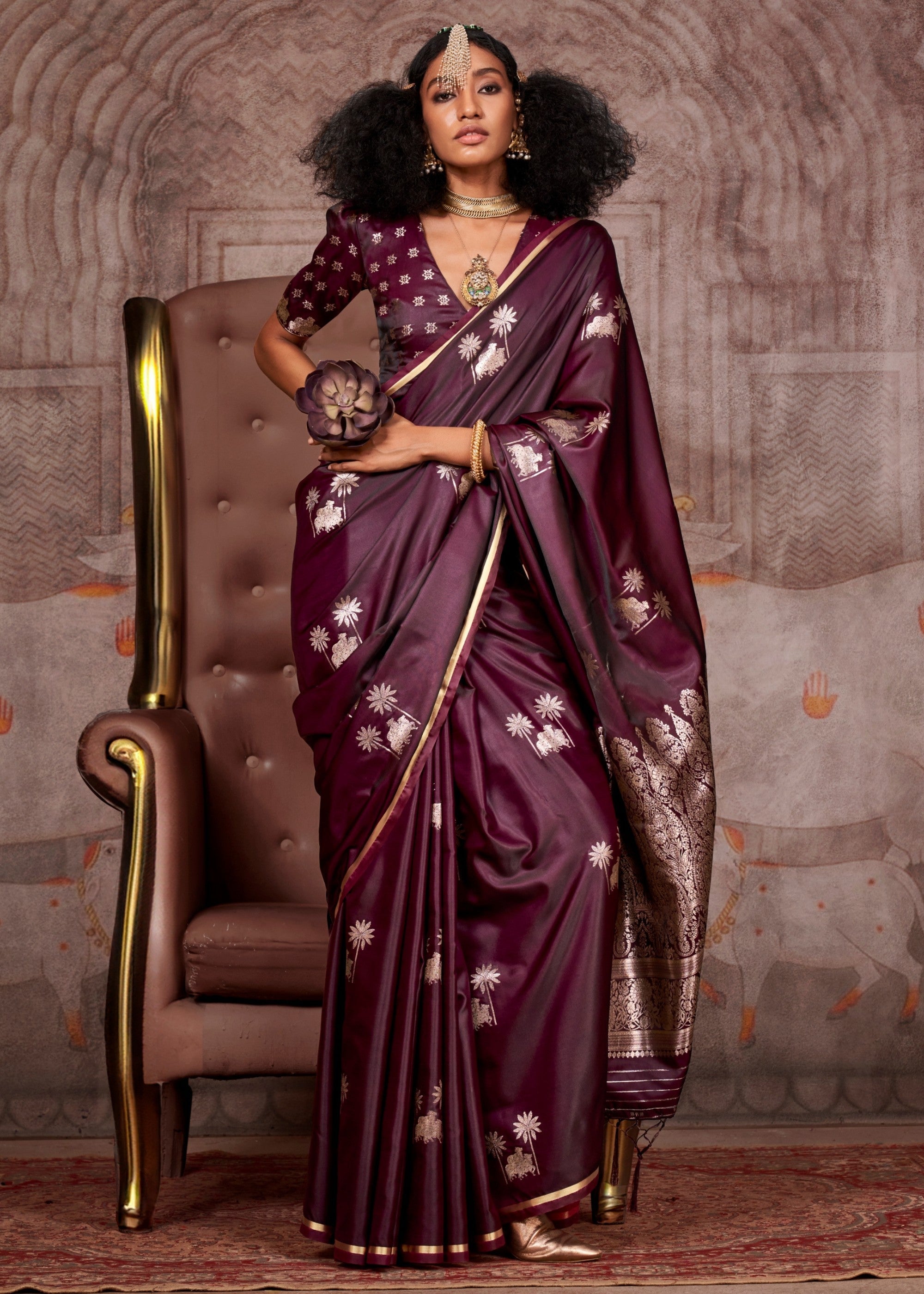 Wine Pure Satin Handloom Weaving Silk Saree - qivii