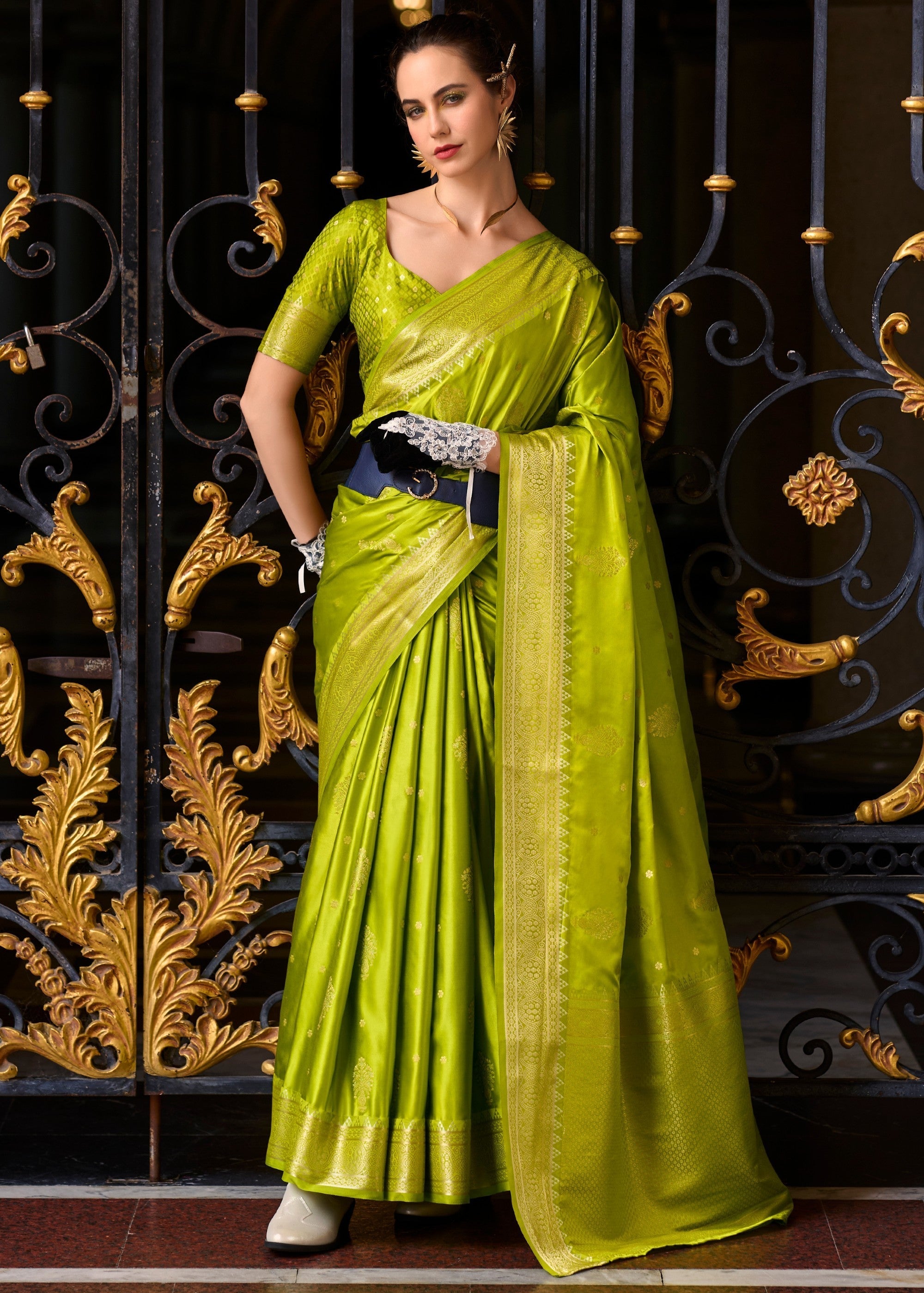Volt Green Satin Mungha Silk Saree - qivii