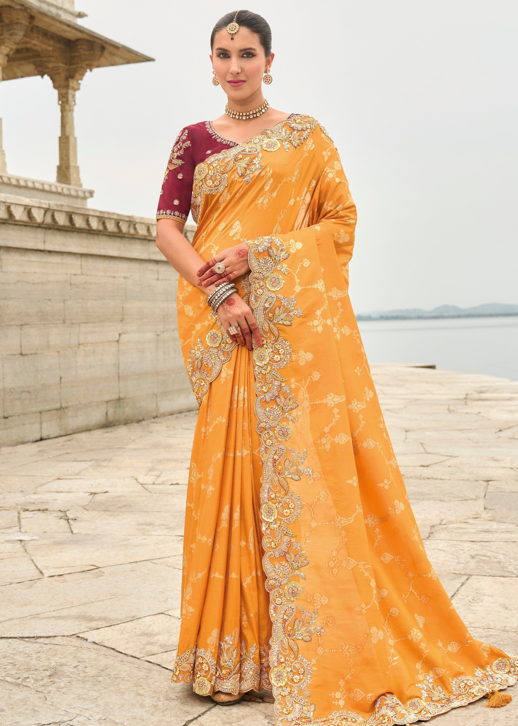 Orange Viscose Tissue Silk Saree With Embroidery Cut Work Border And Sequence Work - qivii