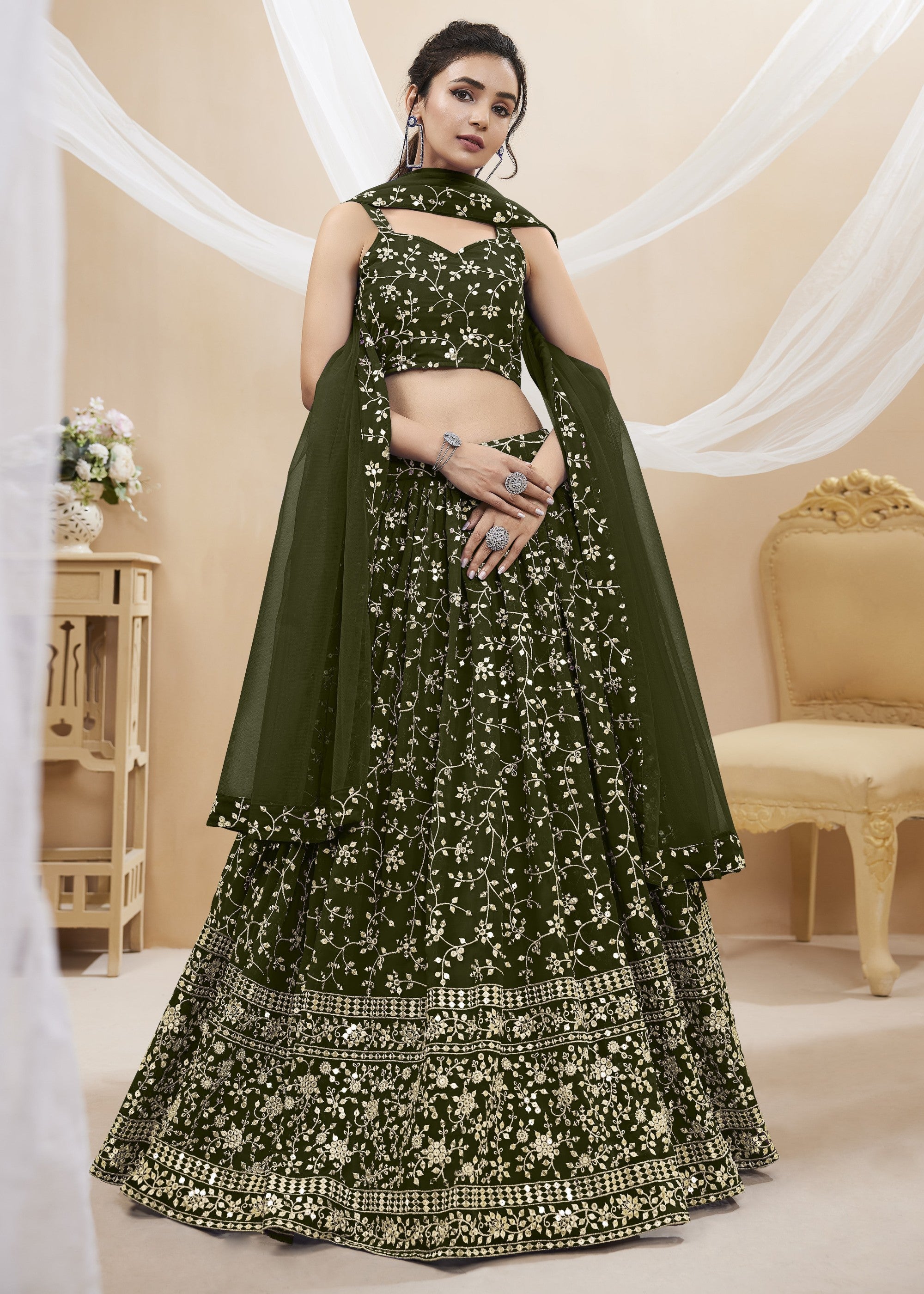 Mehendi Green Georgette Lehenga Choli With Sequins Zari Embroidered Work | Ready To Wear - qivii
