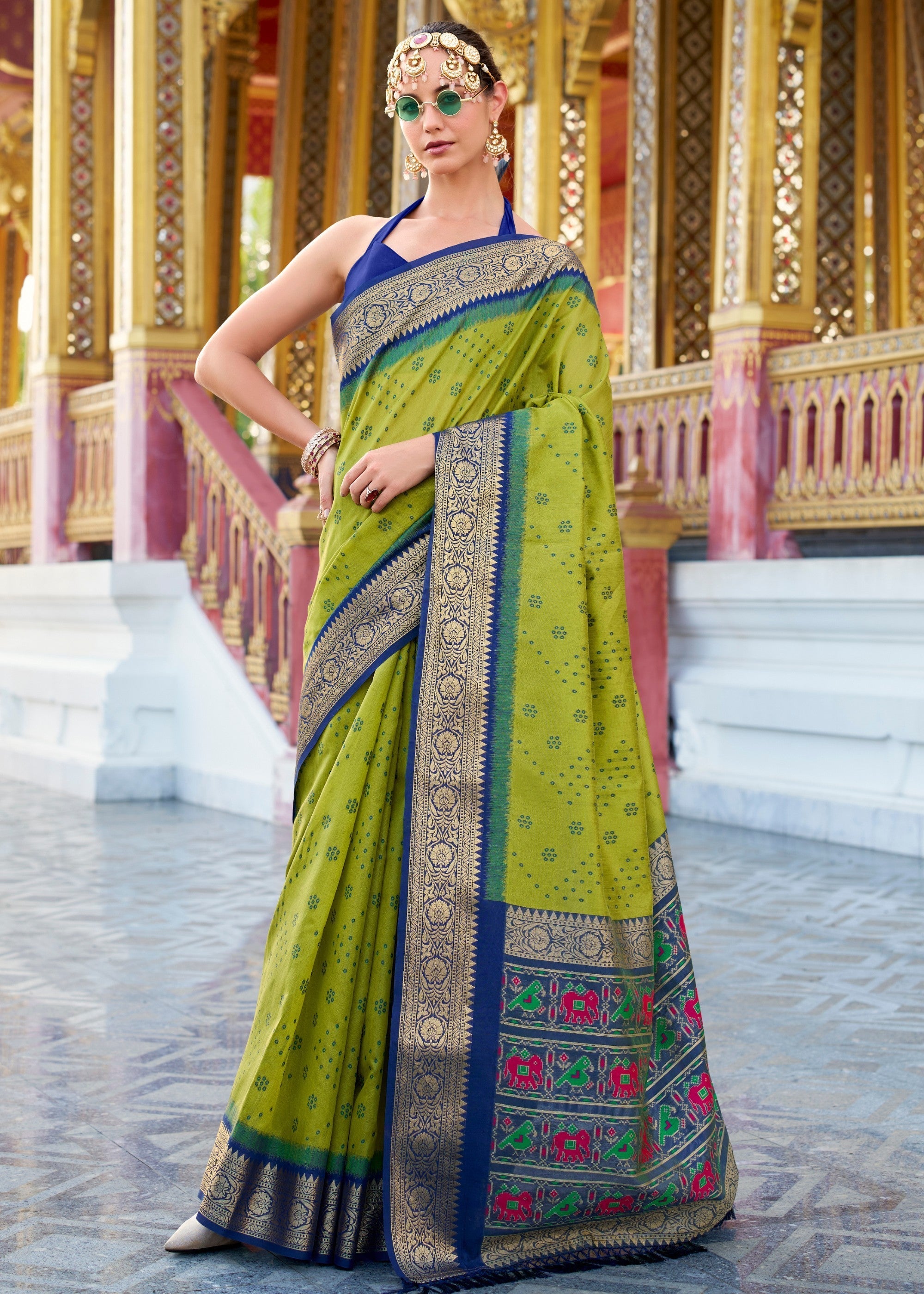 Pear Green Tusser Handloom Silk Saree With Zari Weaving Border & Patola Weaved Pallu - qivii