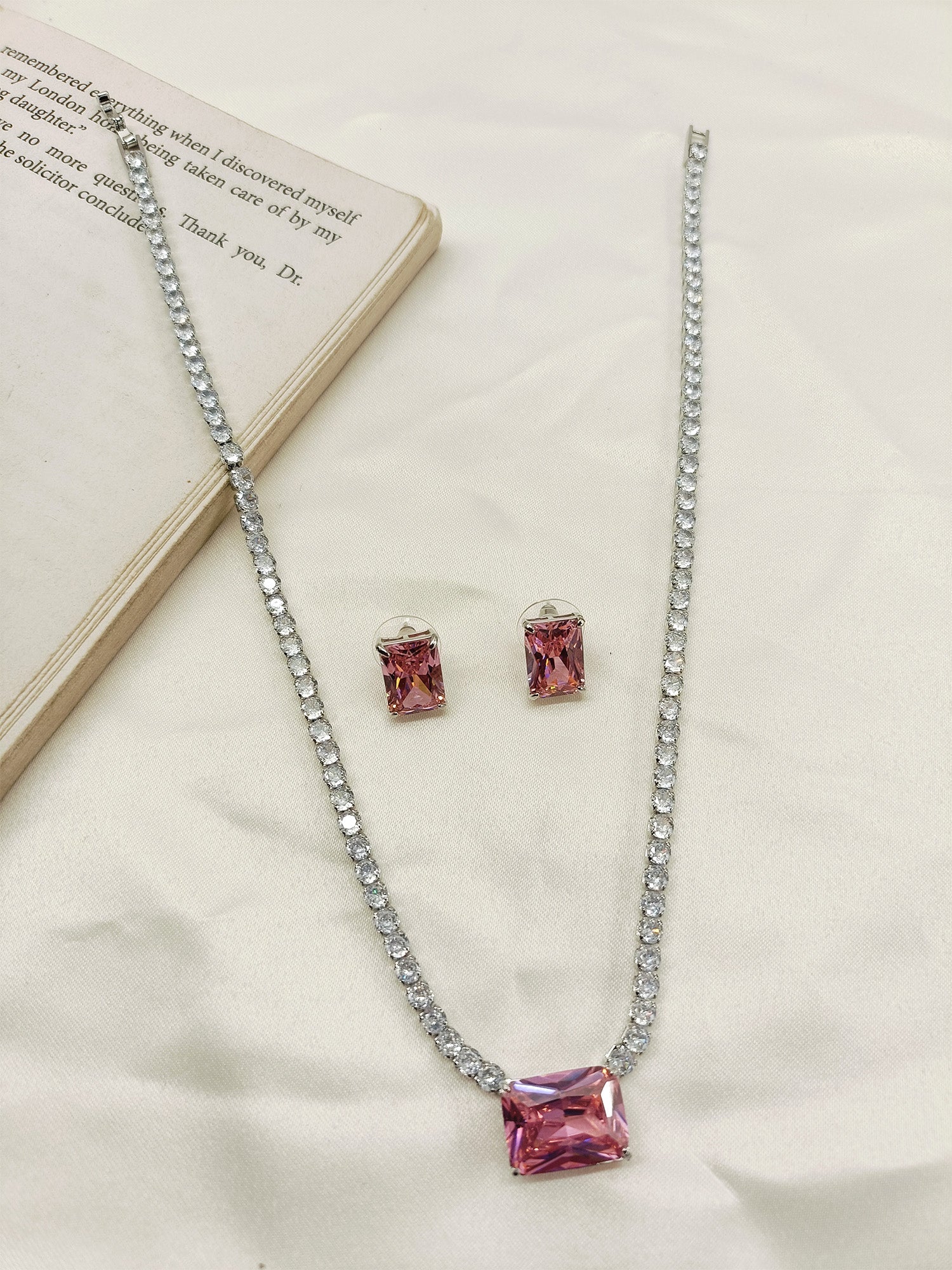 Ainsley Pink American Diamond Necklace Set - qivii