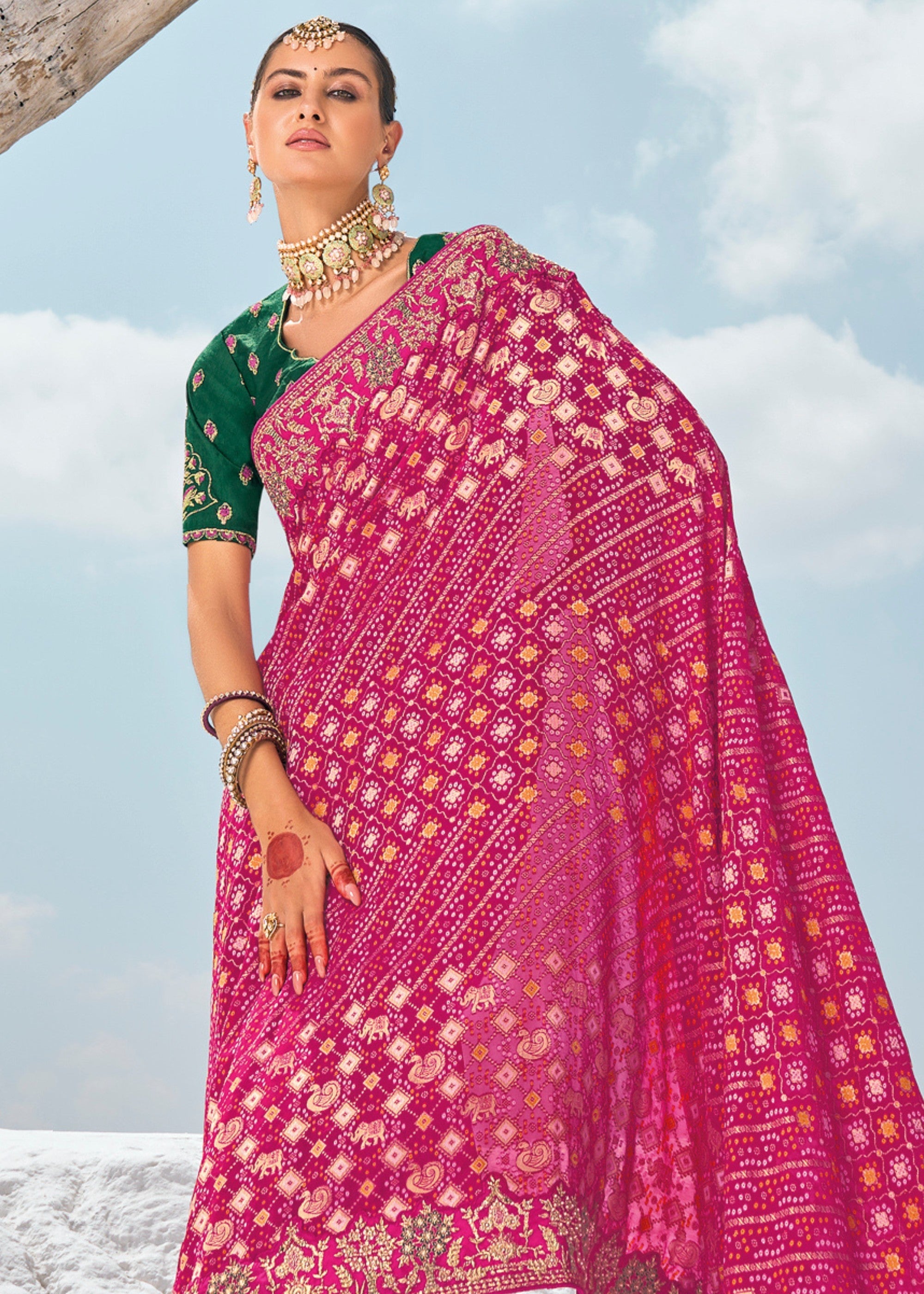Barbie Pink Pure Georgette Bandhani Patola With Zari Weaving Heavy Work Saree - qivii