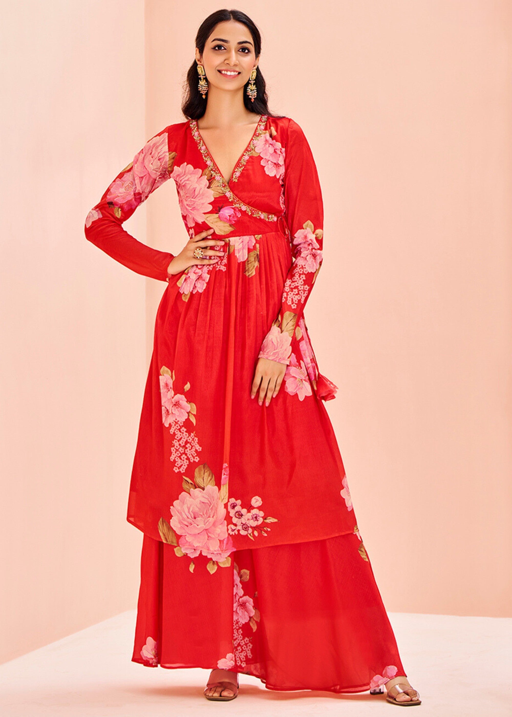 Chinon Red Handwork Kurta with Pant - qivii