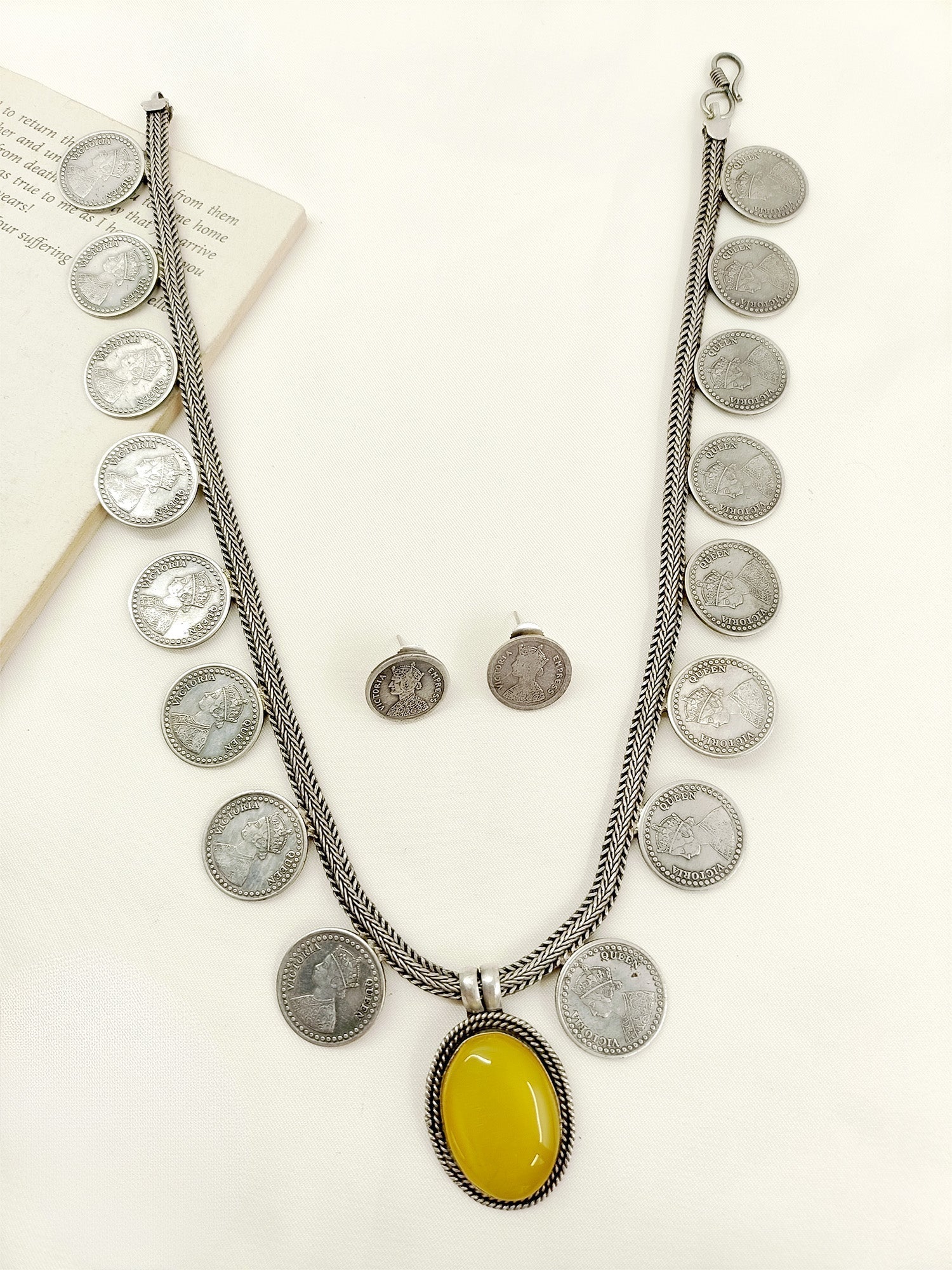 Amina Yellow German Silver Oxidized Necklace Set - qivii