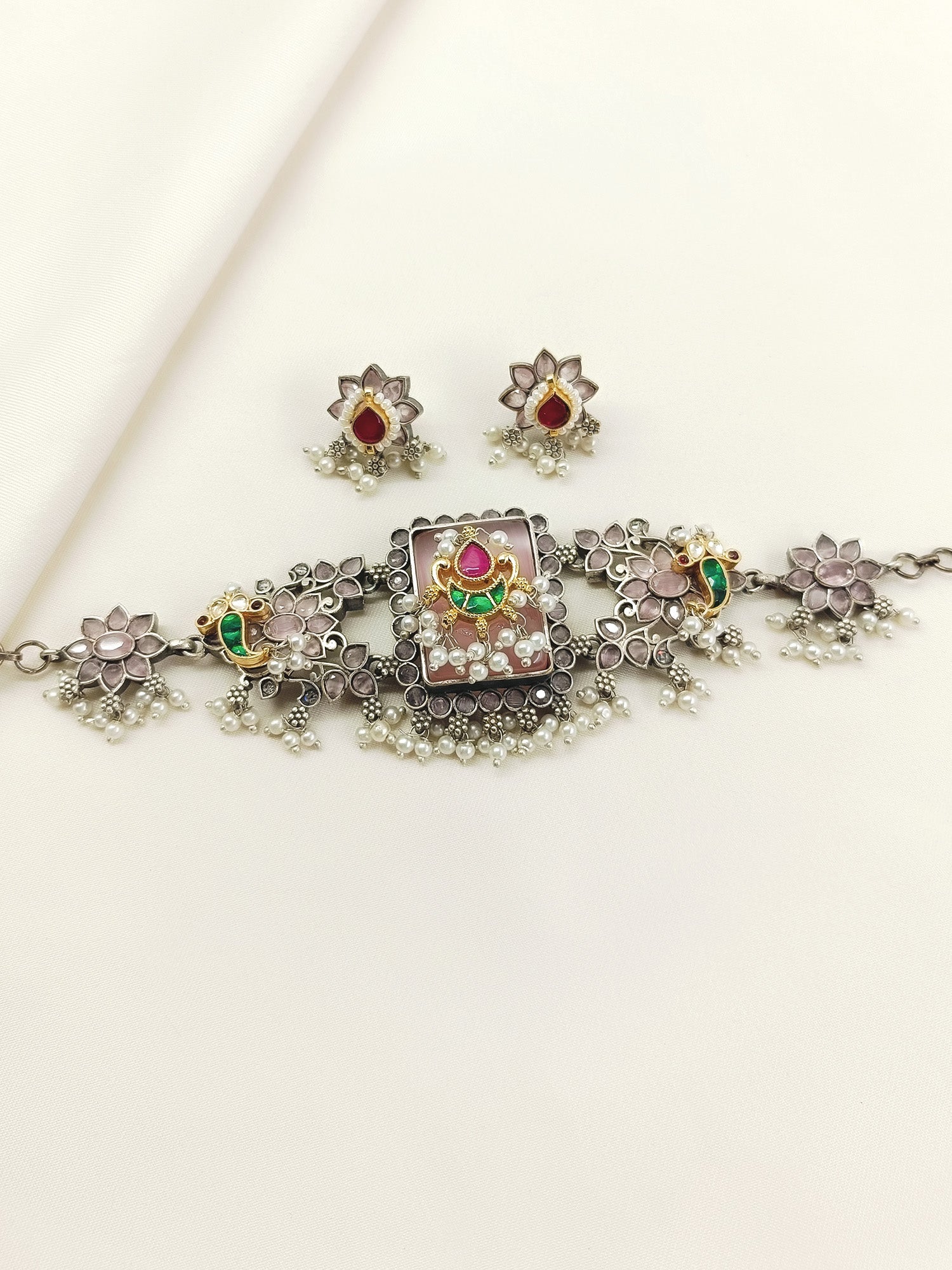 Celia Baby Pink Oxidized Choker Set