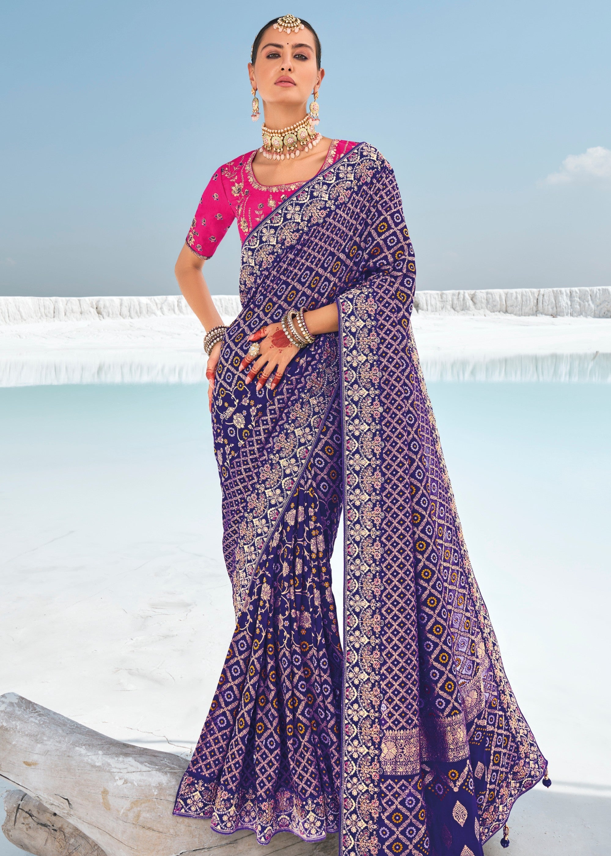Indigo Blue Pure Georgette Bandhani Patola With Zari Weaving Heavy Work Saree - qivii
