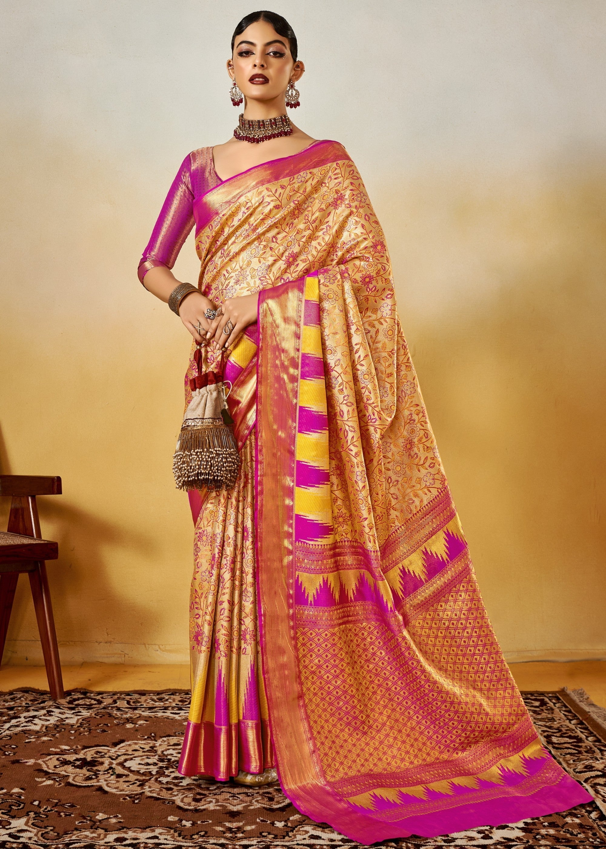 Yellow and Pink Handloom Dharamavaram Silk Saree - qivii