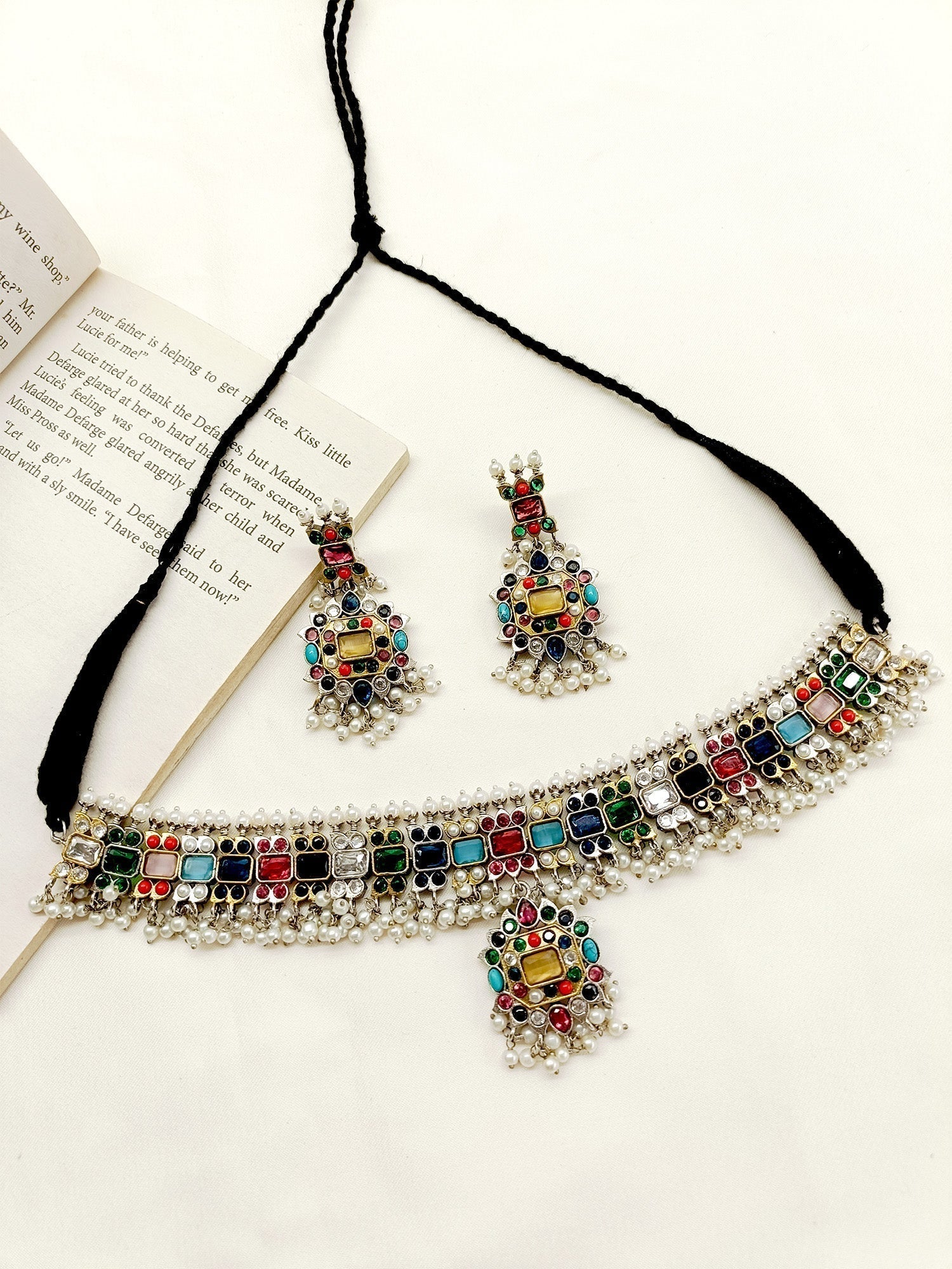 Rimaya Multi Colour Oxidized Choker Set - qivii