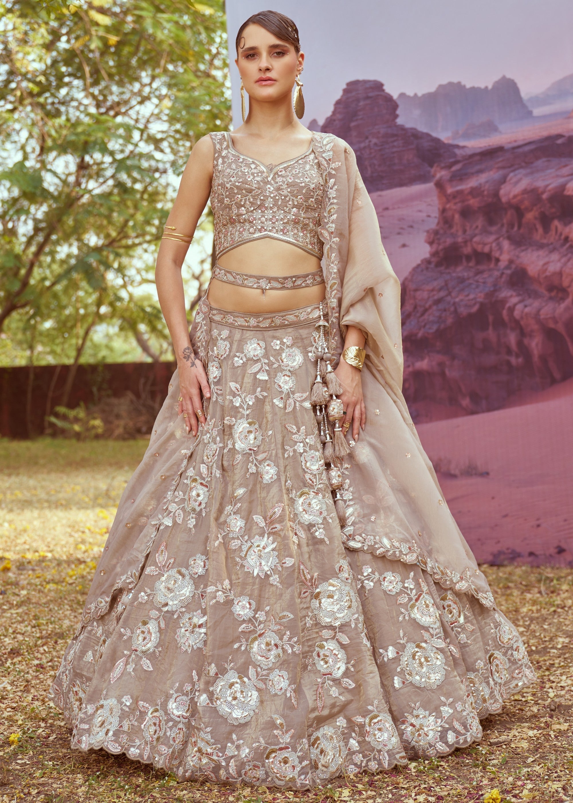 Beige Organza Sequins embroidery Lehenga | Ready To Wear - qivii