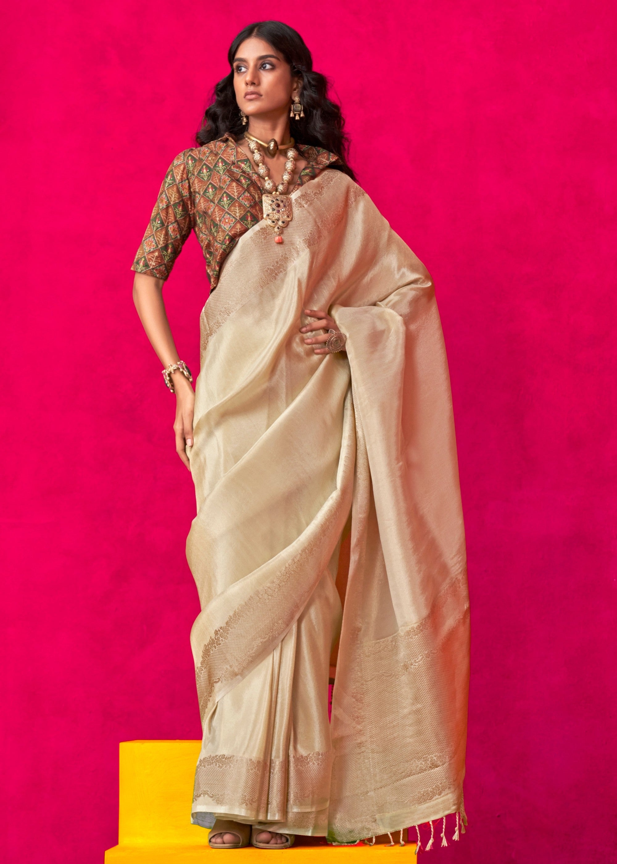 Beige Zari Tissue Silk Saree With Weaving Border - qivii