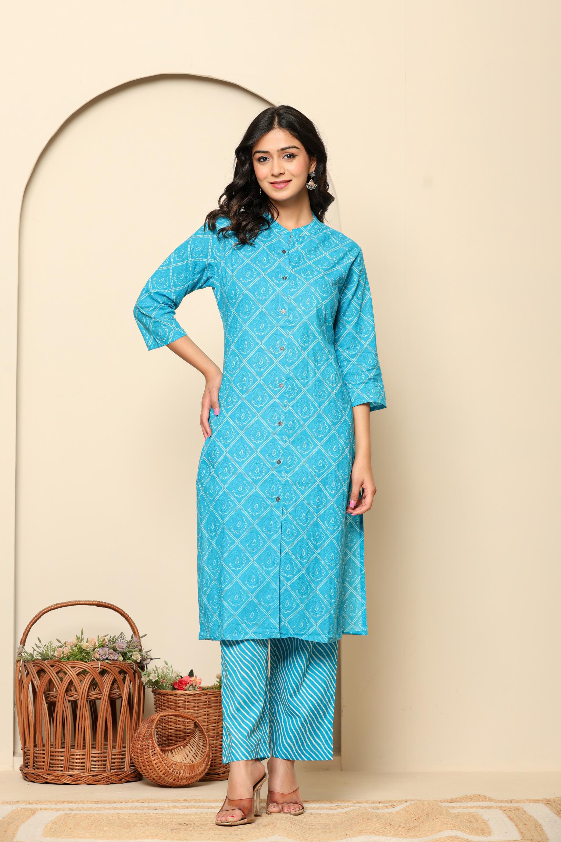 Blue Printed Cotton Kurta Set - qivii