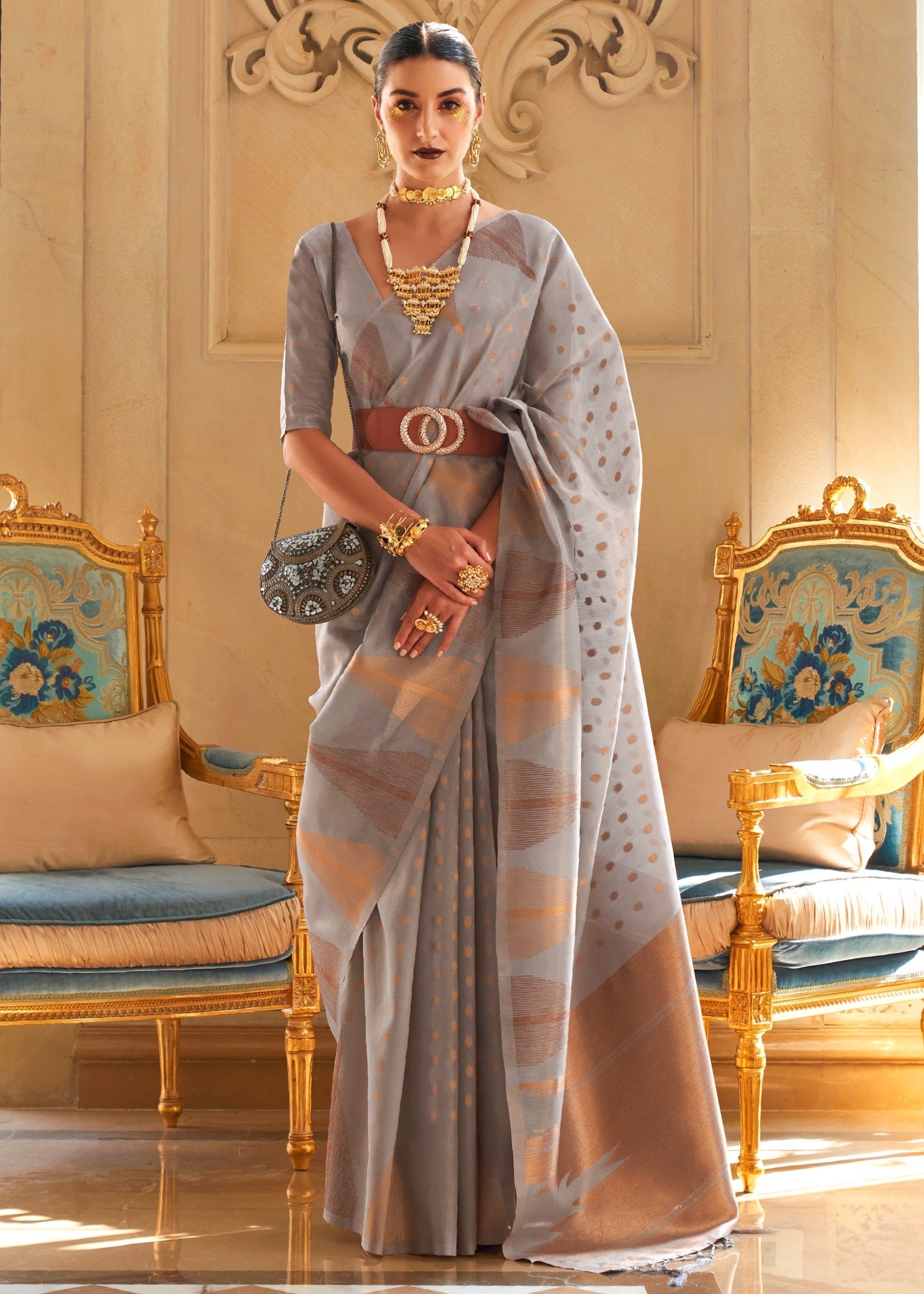 Cloudy Grey Tissue and Khicha Zari Handloom Weaving Silk Saree - qivii
