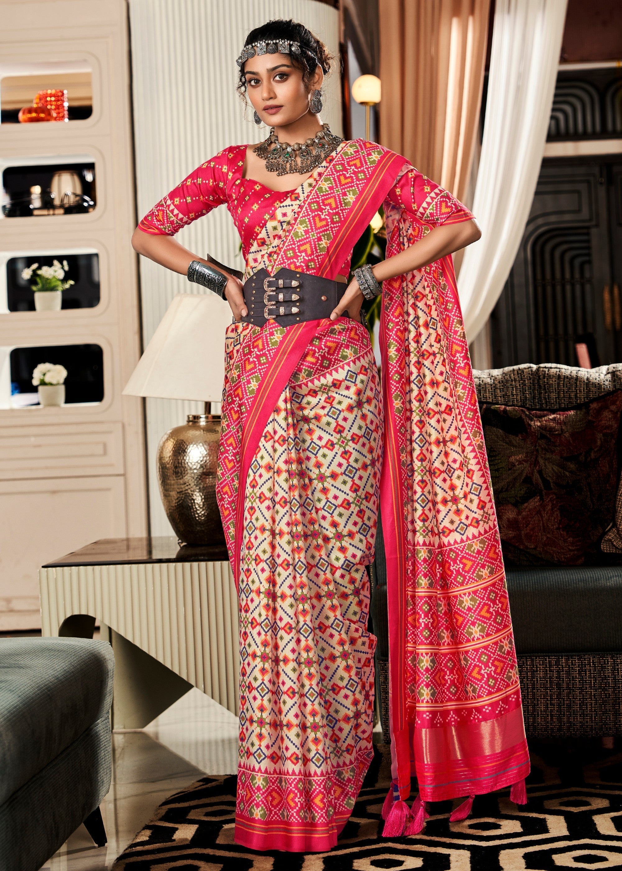 Light Pink & Off White Tussar Silk Saree With Beautiful Patola Print - qivii