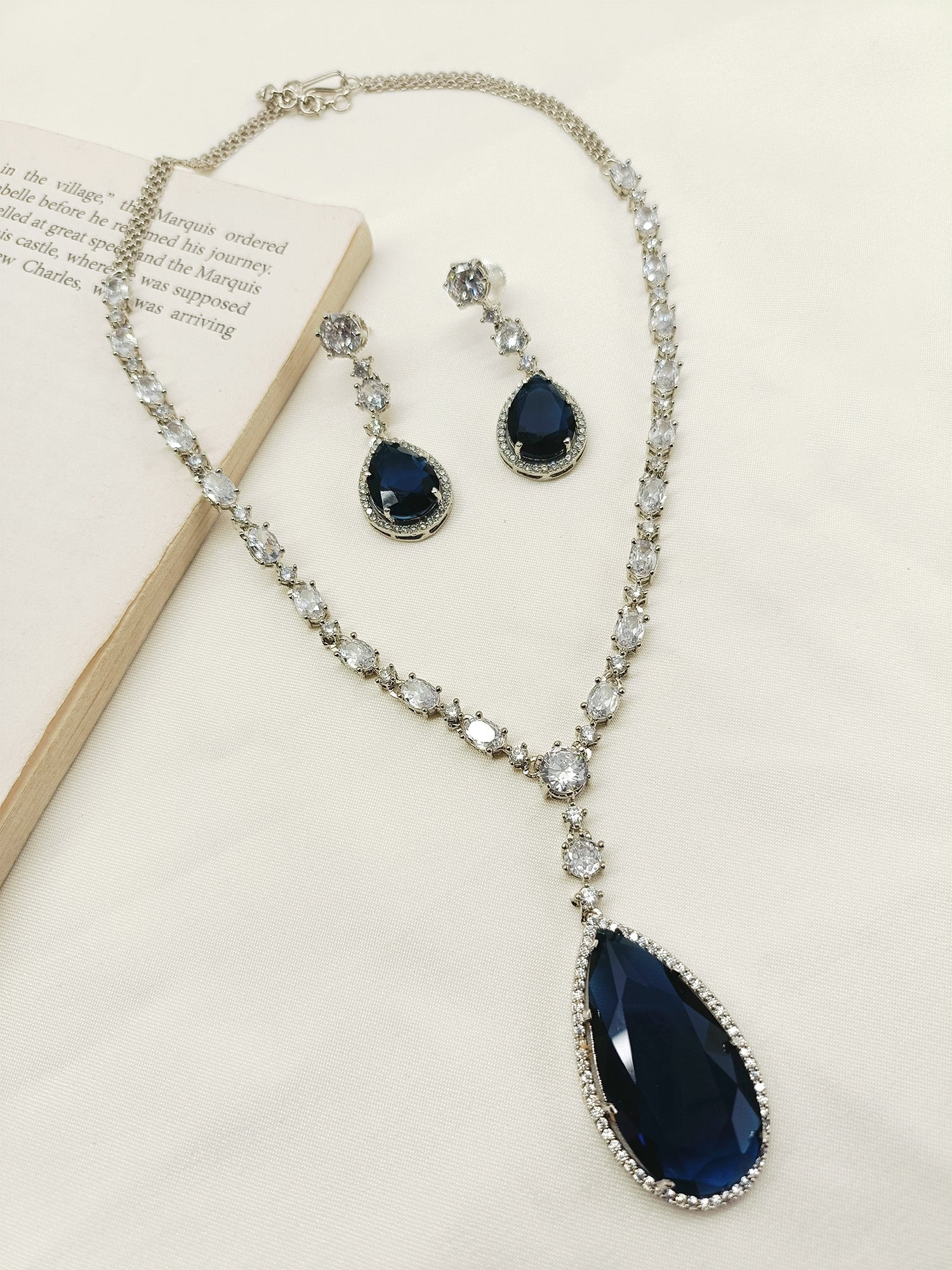 Stunning Navika Navy Blue American Diamond Necklace Set with matching earrings