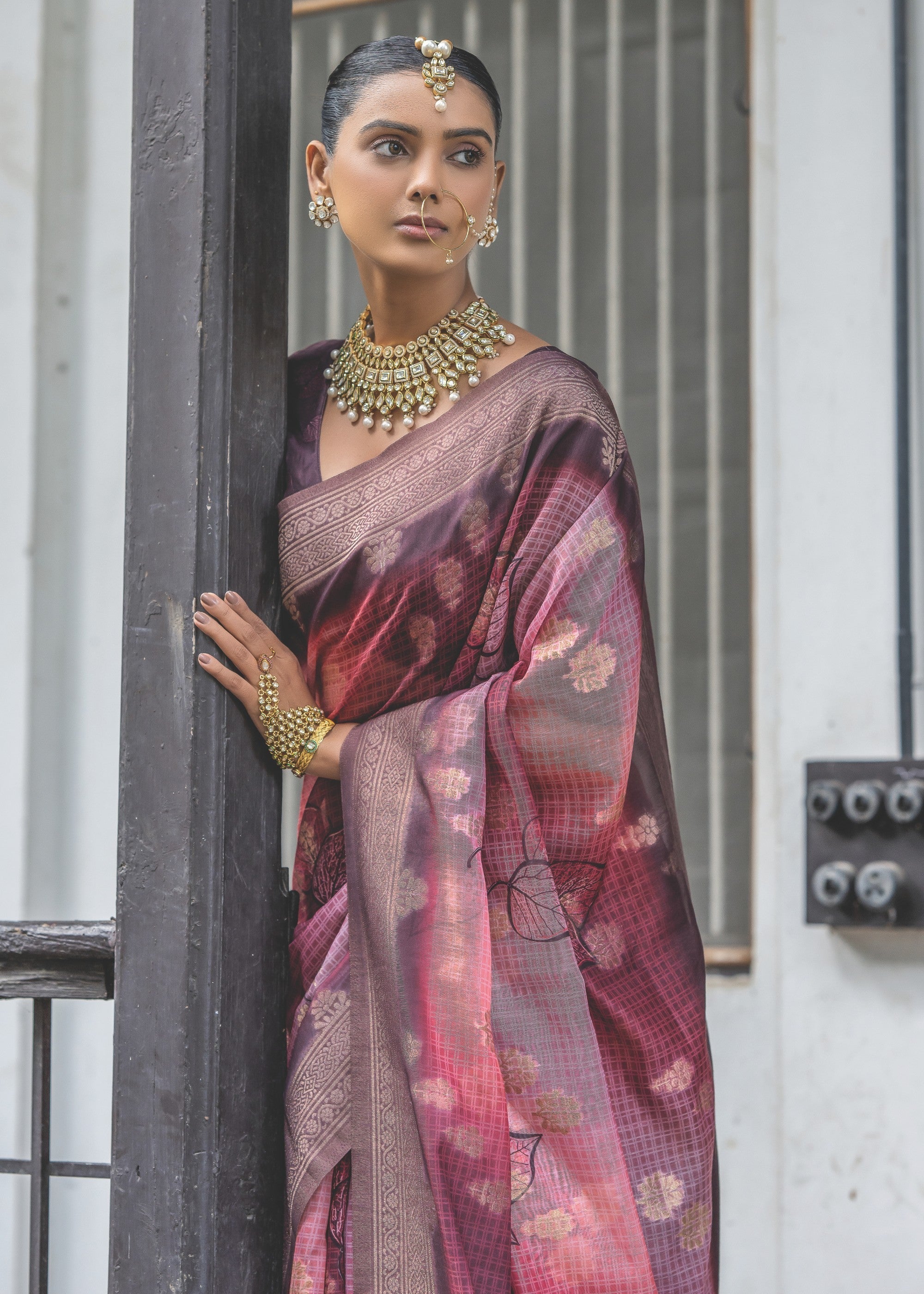 Red Violet Woven Silk Saree - qivii