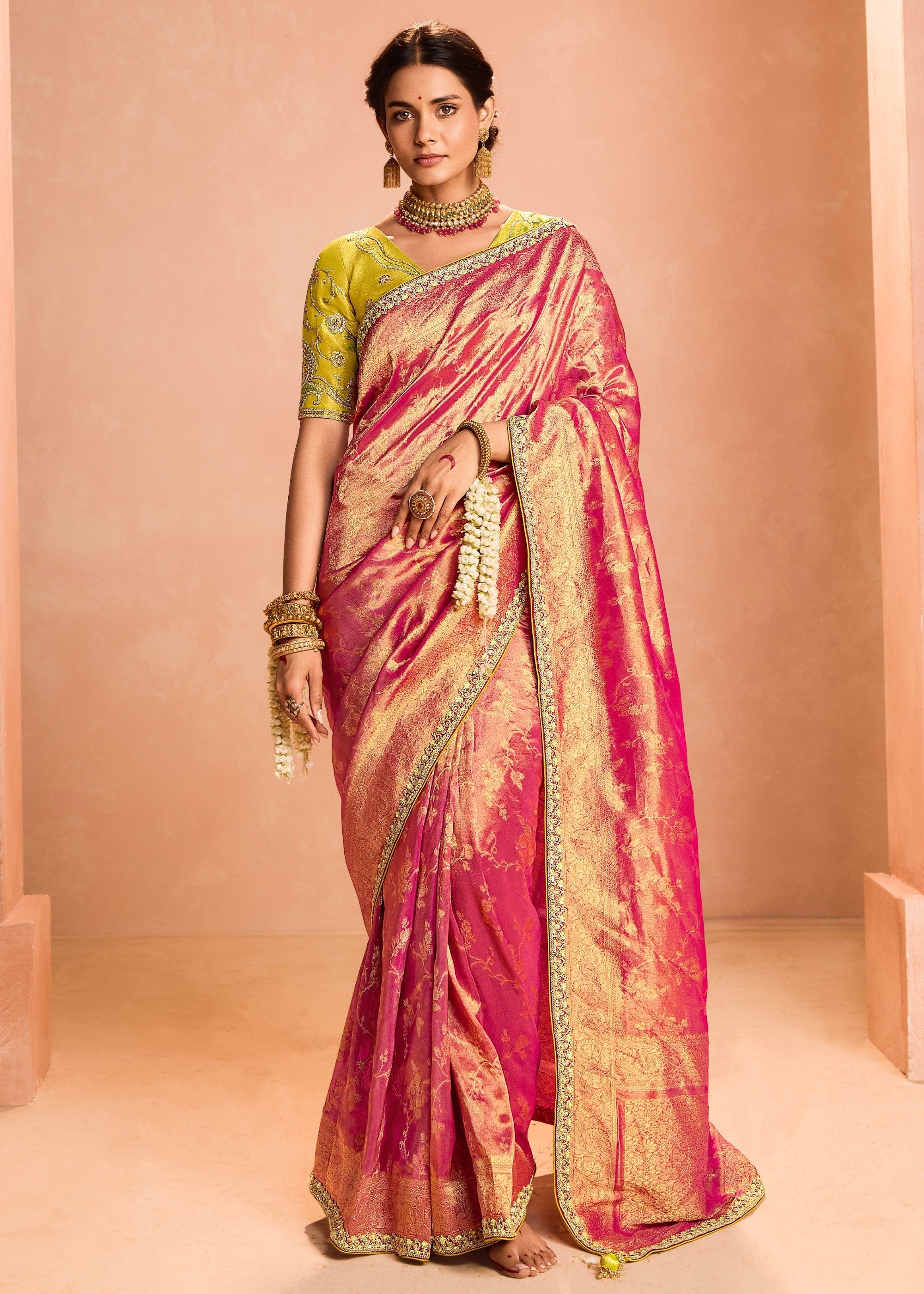Rani Pink Zari Tissue Silk Saree With Weaving Work And Heavy Embroidery Lace - qivii