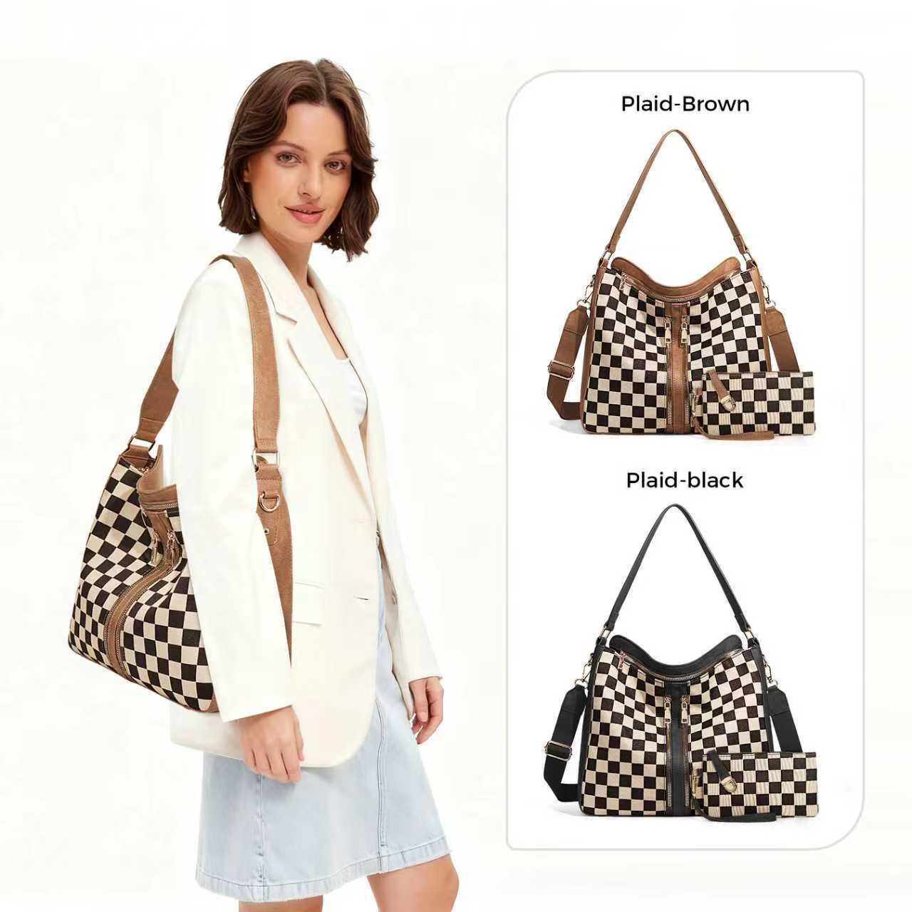 Ounamei Checkered Hobo Tote Bag with a Pouch for Women | PU Leather & Canvas Shoulder & Crossbody Handbag for Daily Use