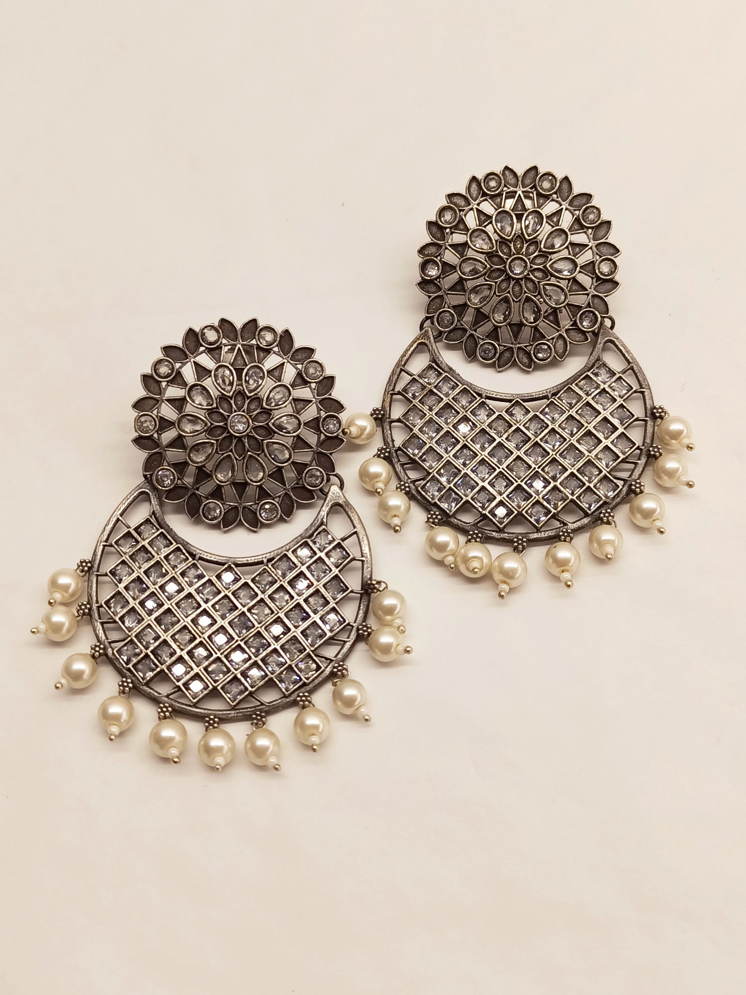 Namita White Oxidised Chandbali - qivii