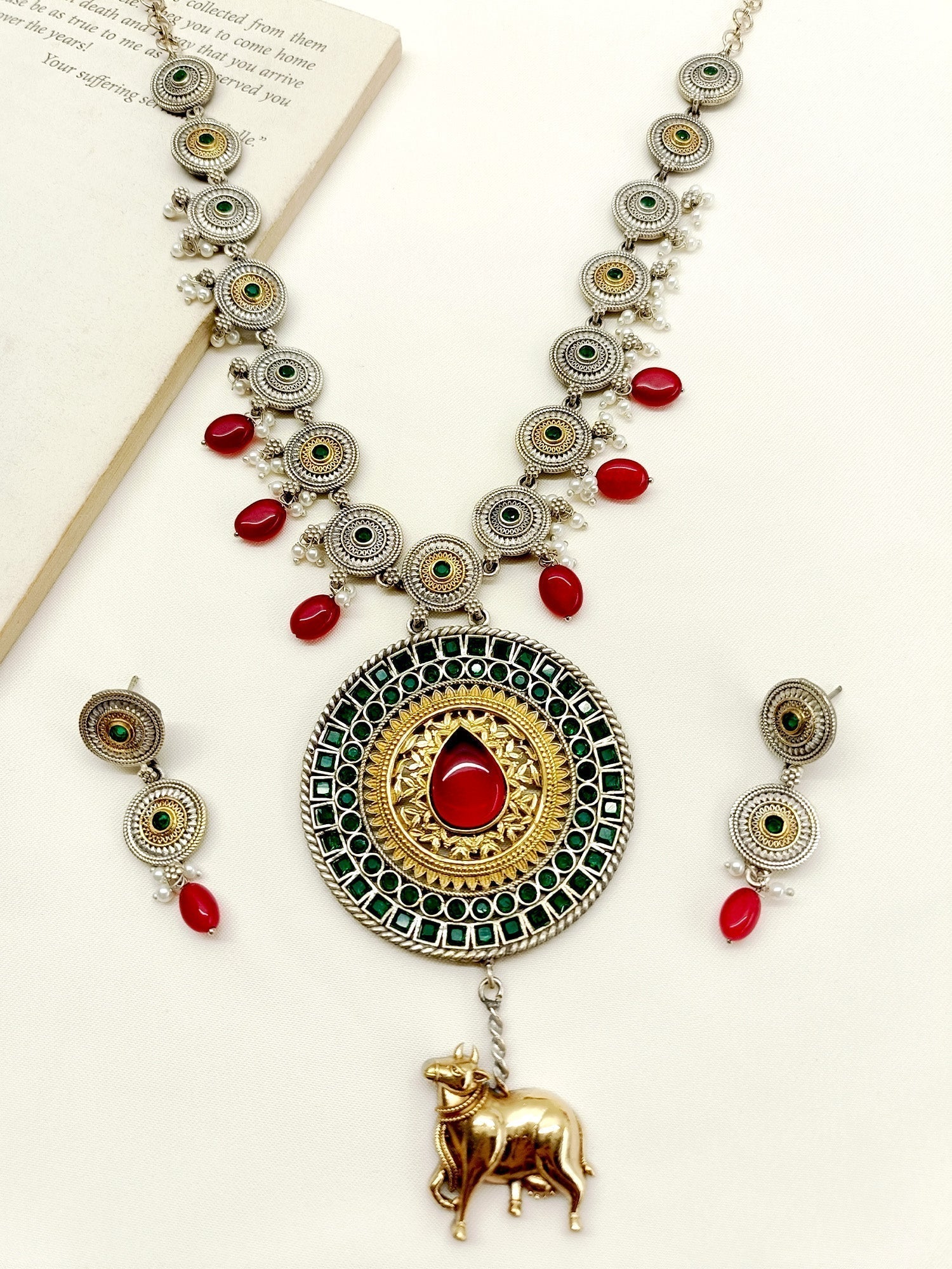 Keya R & G Long Oxidized Necklace Set - qivii