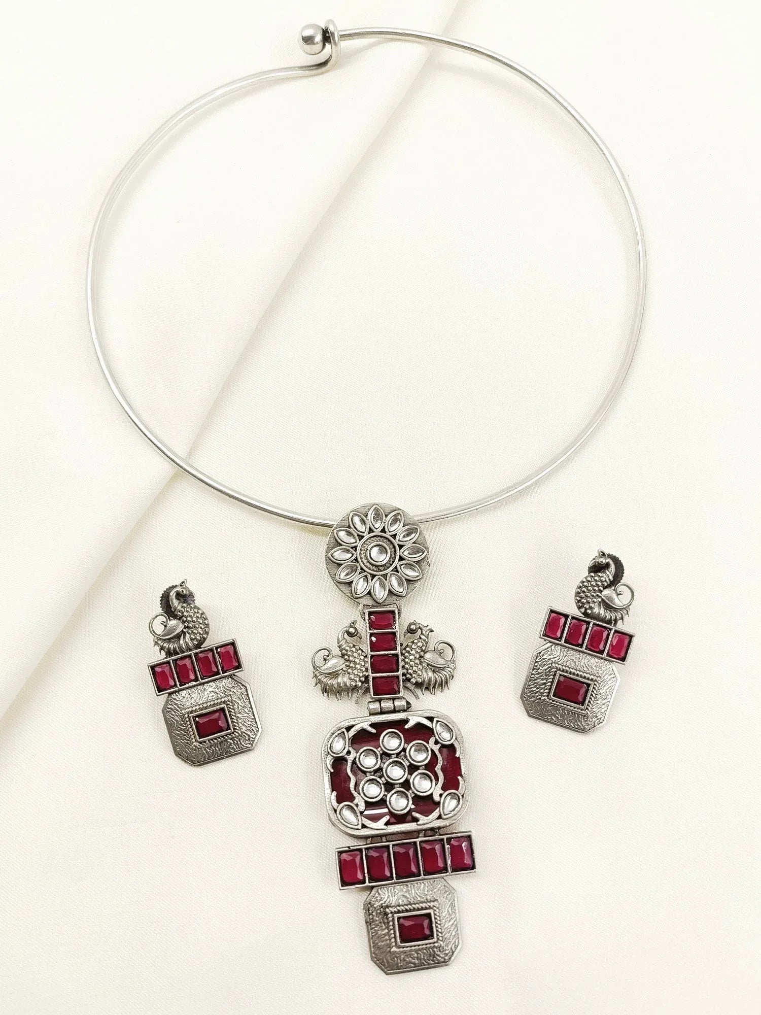 Mena Ruby Oxidized Hasli Style Necklace Set