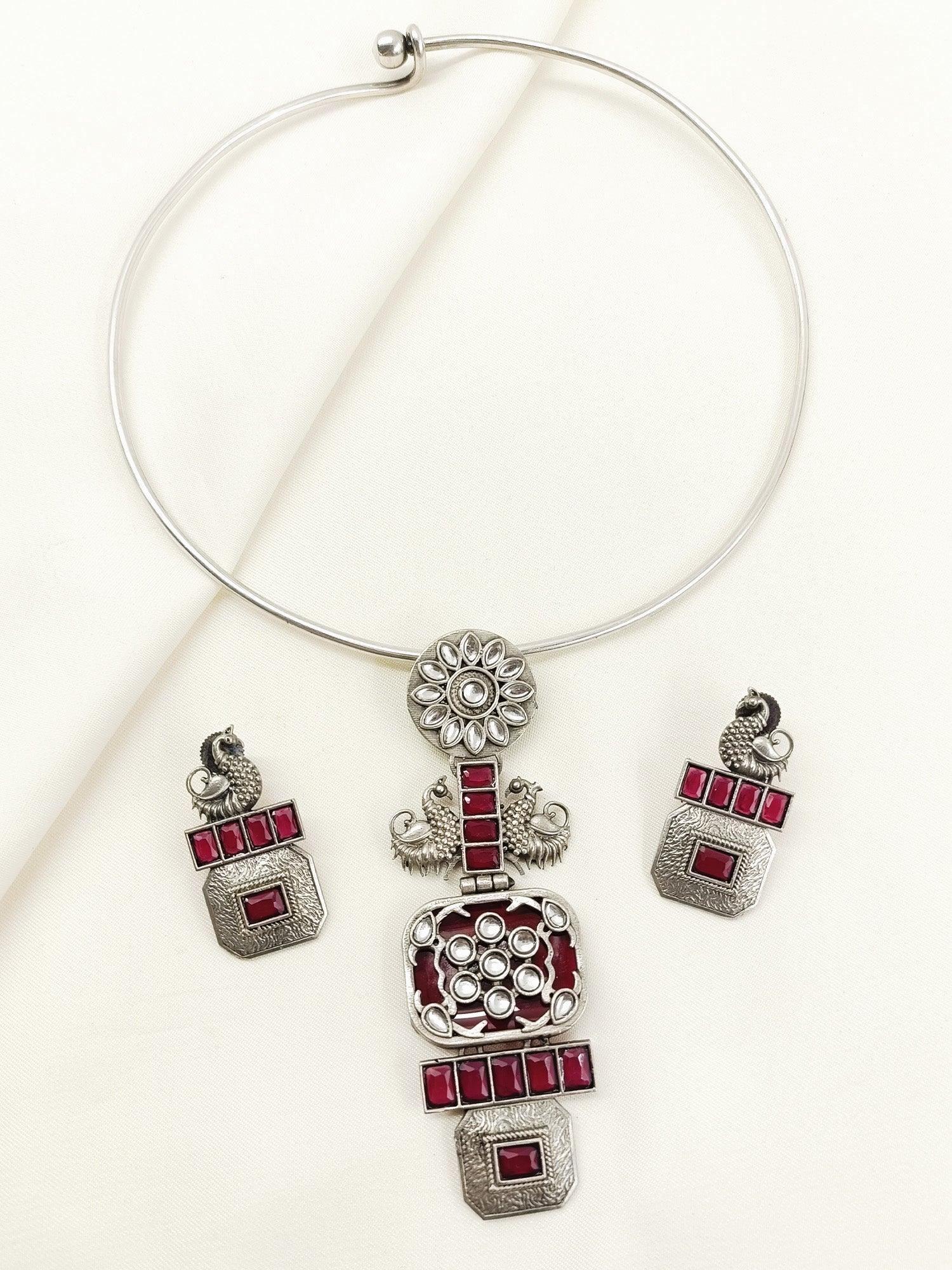 Mena Ruby Oxidized Hasli Style Necklace Set