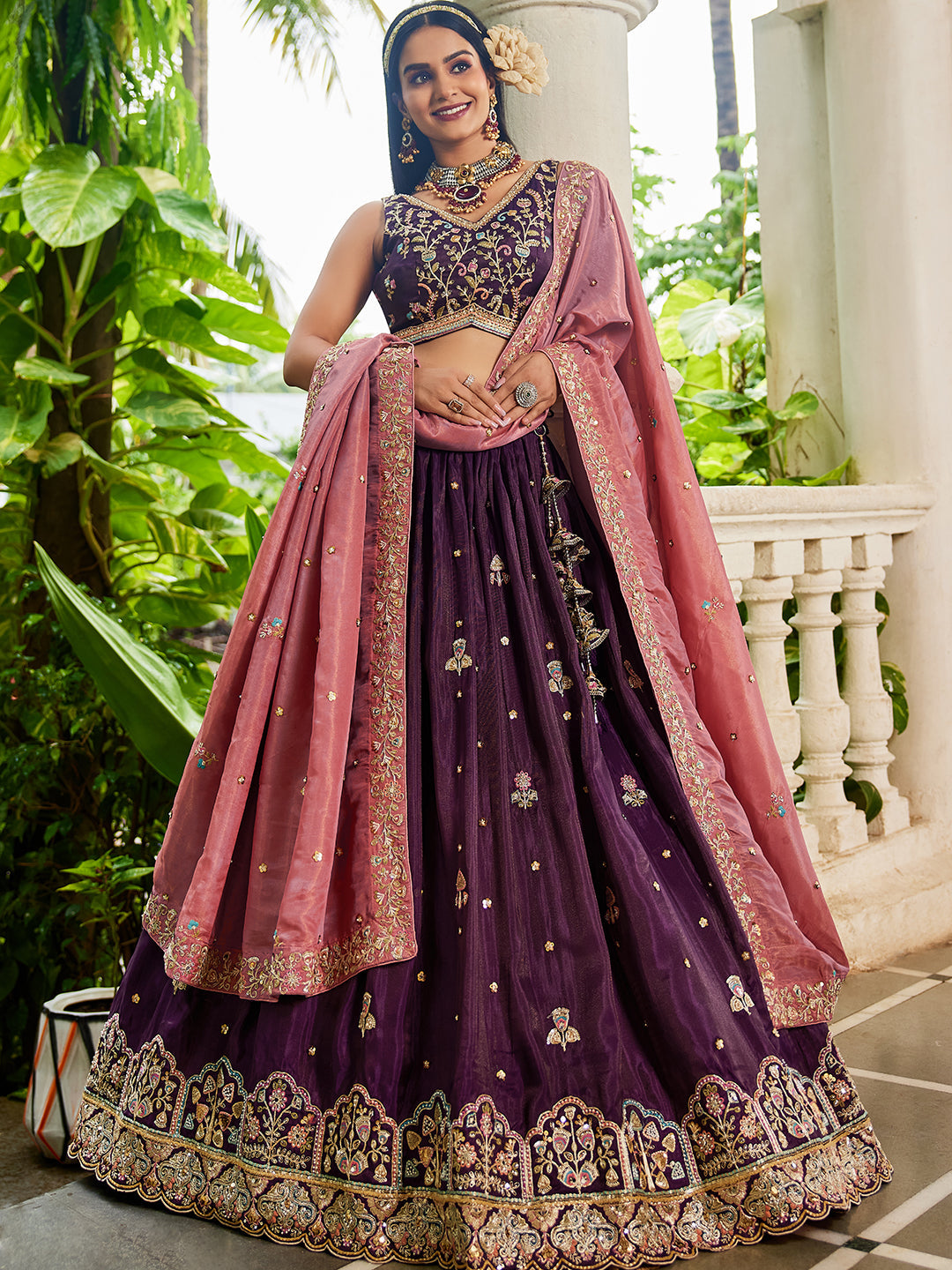 Burgundy - Satin Sequinse embroidery Semi-Stitched Lehenga choli & Dupatta - qivii