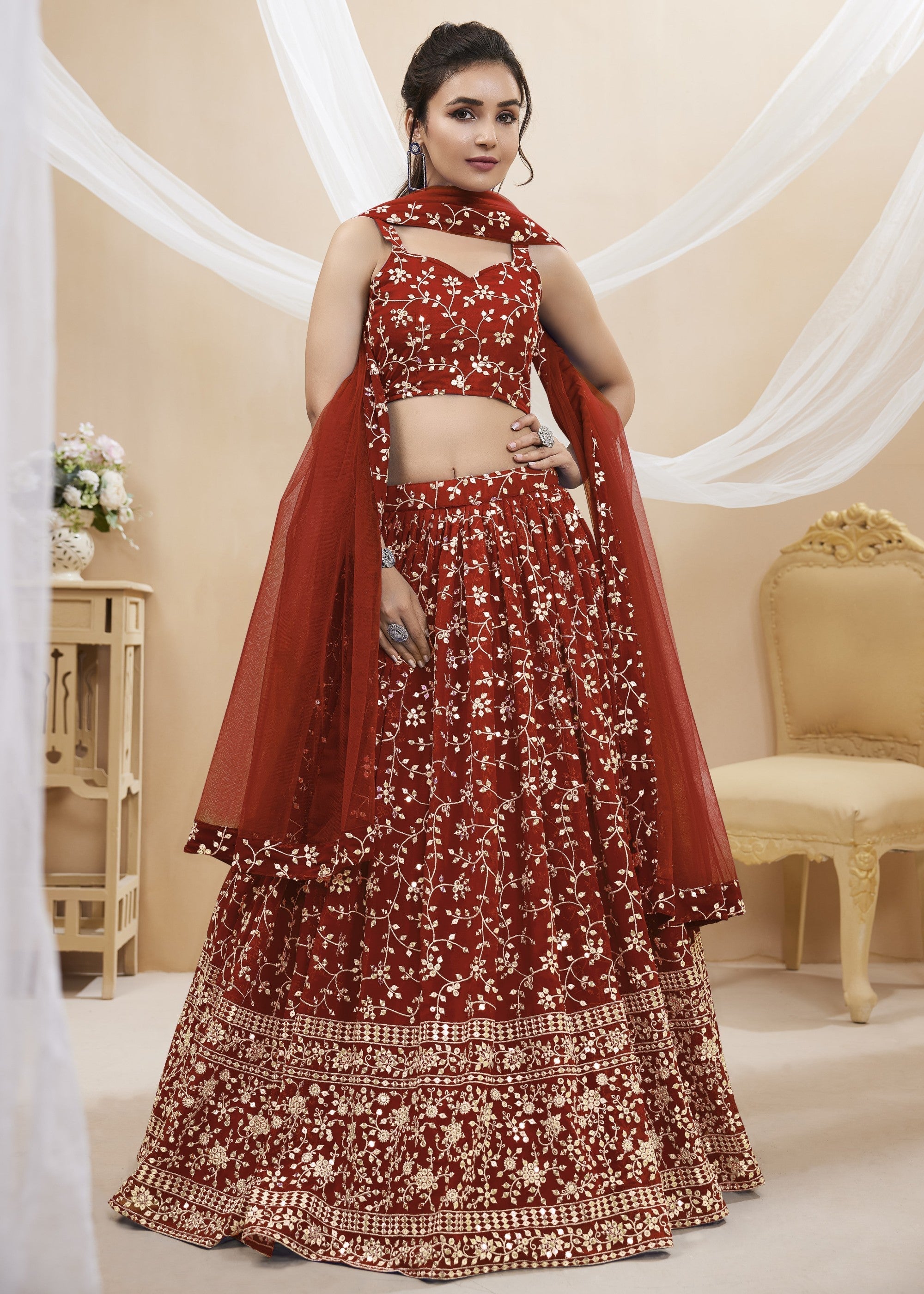 Maroon Red Georgette Lehenga Choli With Sequins Zari Embroidered Work | Ready To Wear - qivii