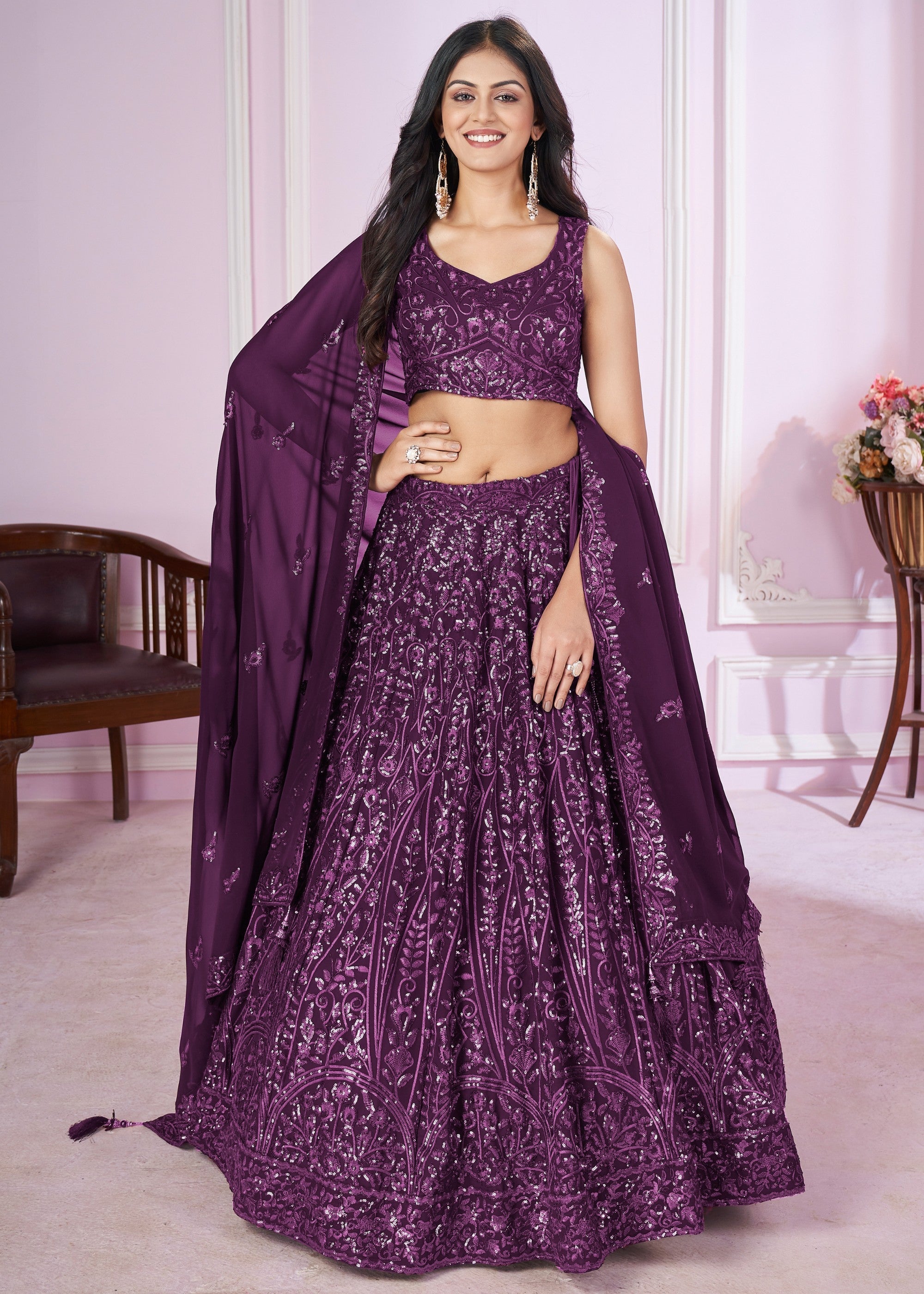 Mulberry Purple Georgette Lehenga Choli With Sequins And Thread Embroidery Work | Ready To Wear - qivii