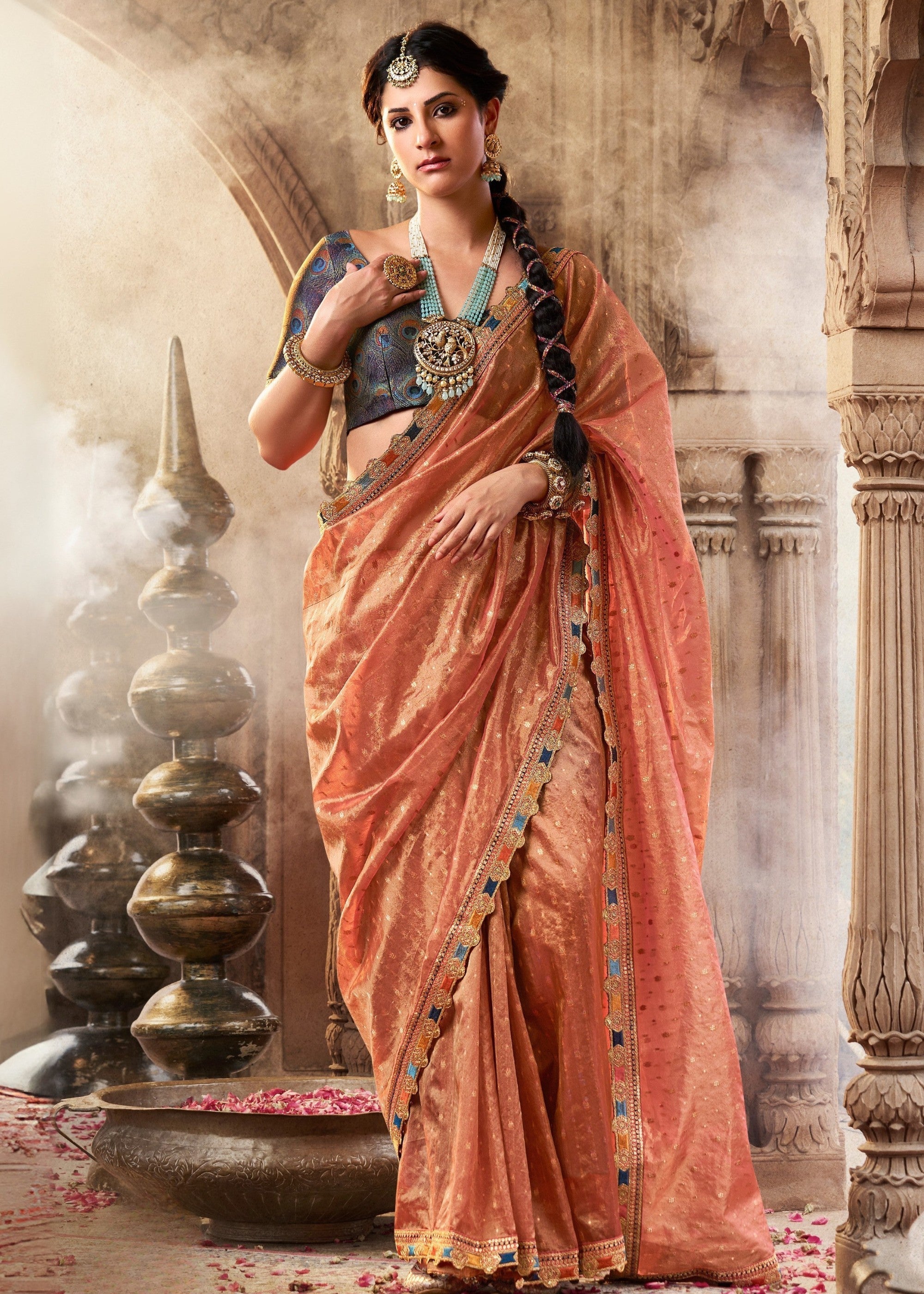 Coral Orange Tissue Silk Saree With Multicolored Lace & Designer Blouse - qivii