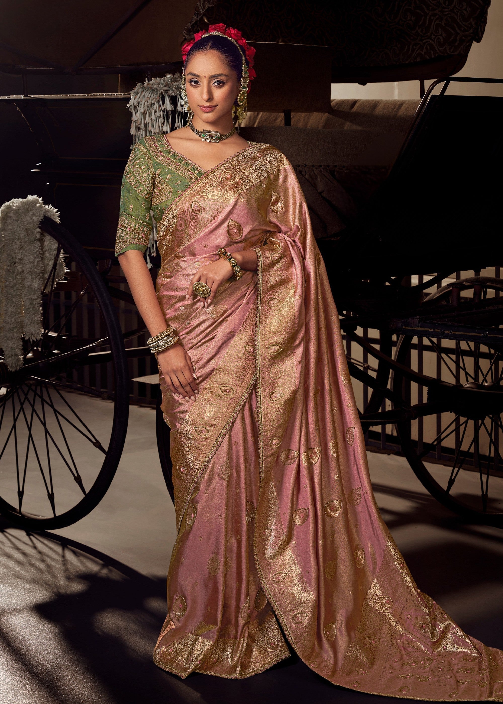 Shades of Pink Viscose Tissue Silk Saree with Handworked Pallu And Contrast Designer Blouse - qivii