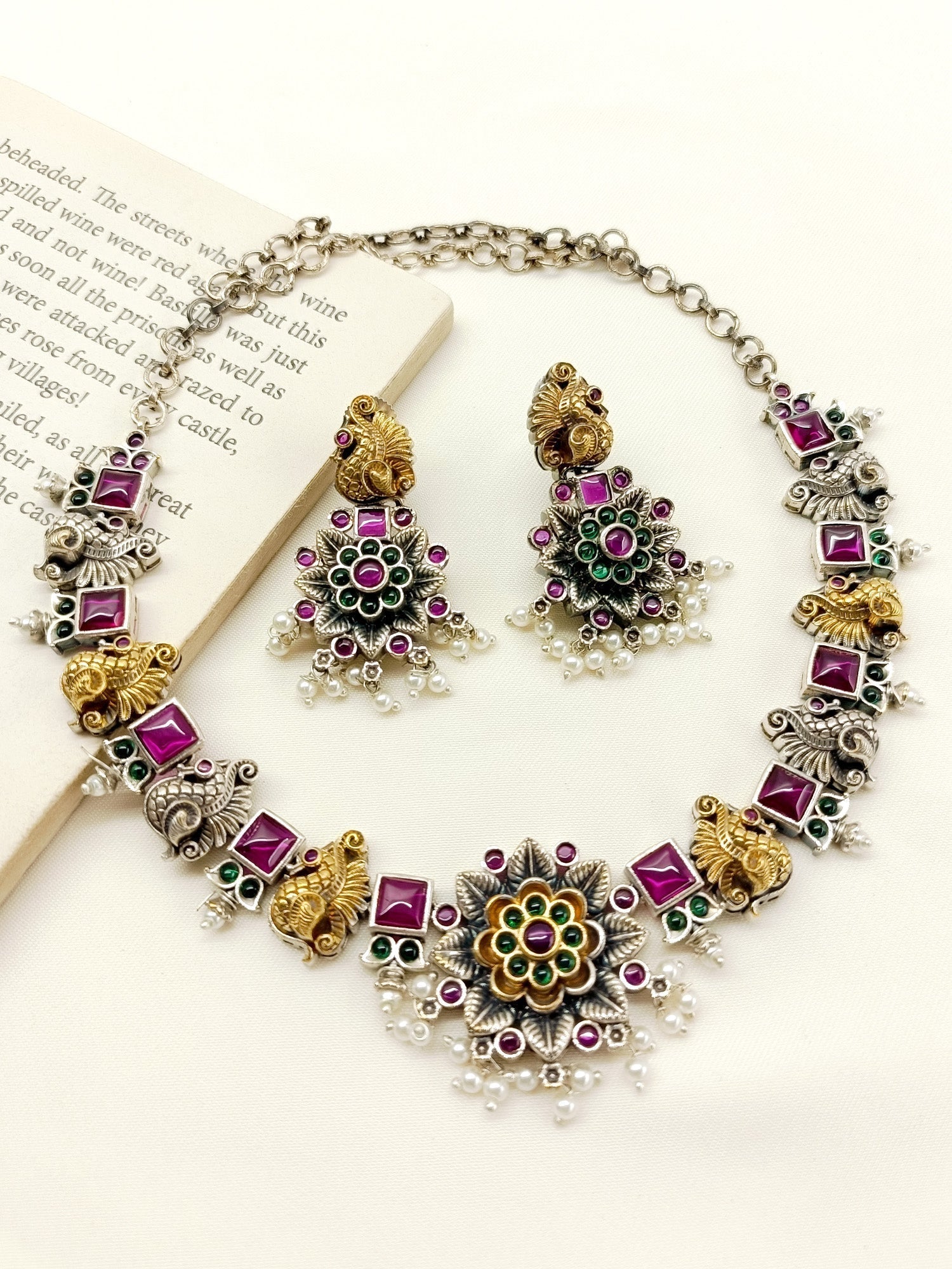 Zaahira M & G Peacock Oxidized Necklace Set - qivii