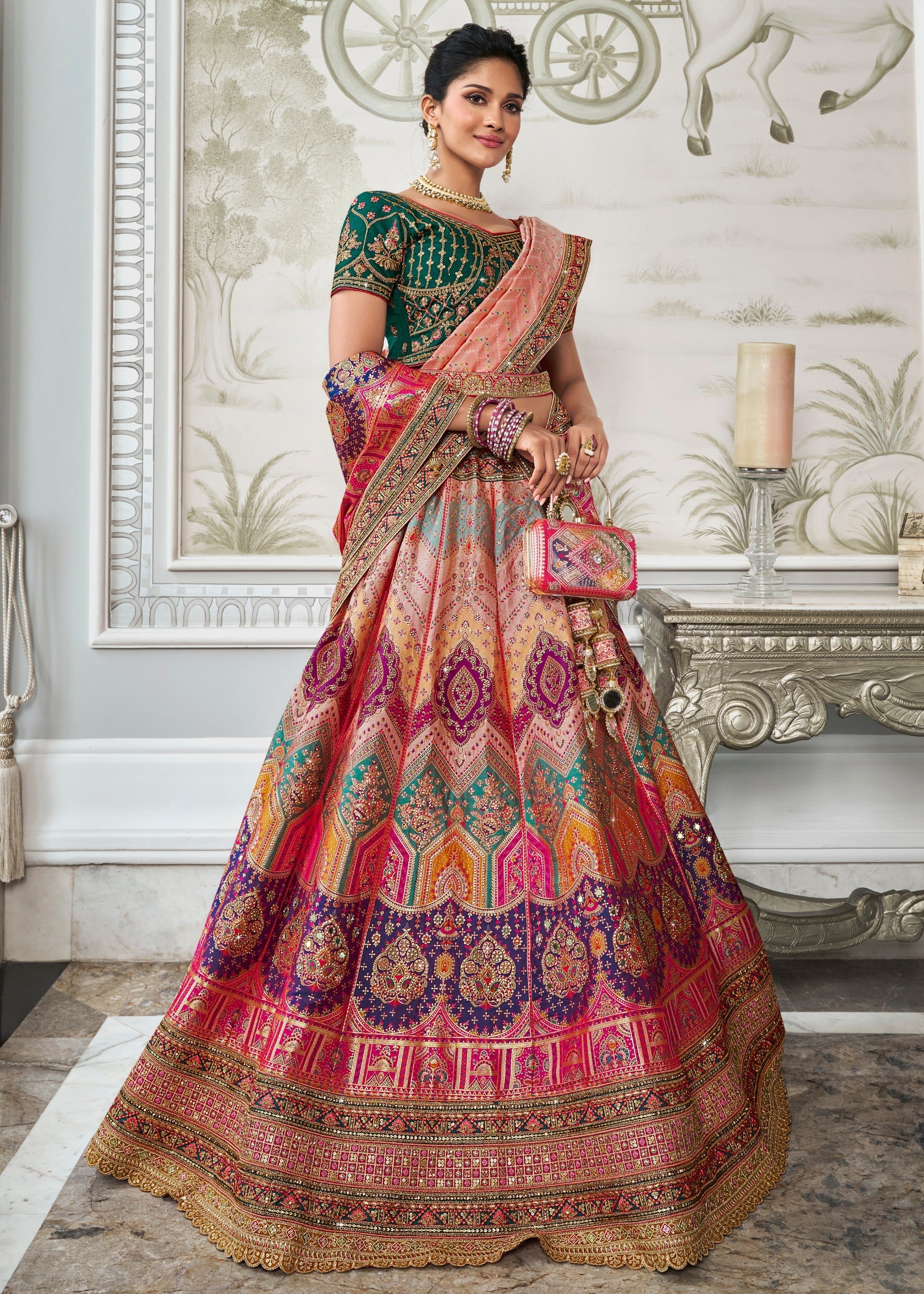 Green & Pink Banarasi Silk Lehenga with Zarkan Codding work | Ready To Wear - qivii